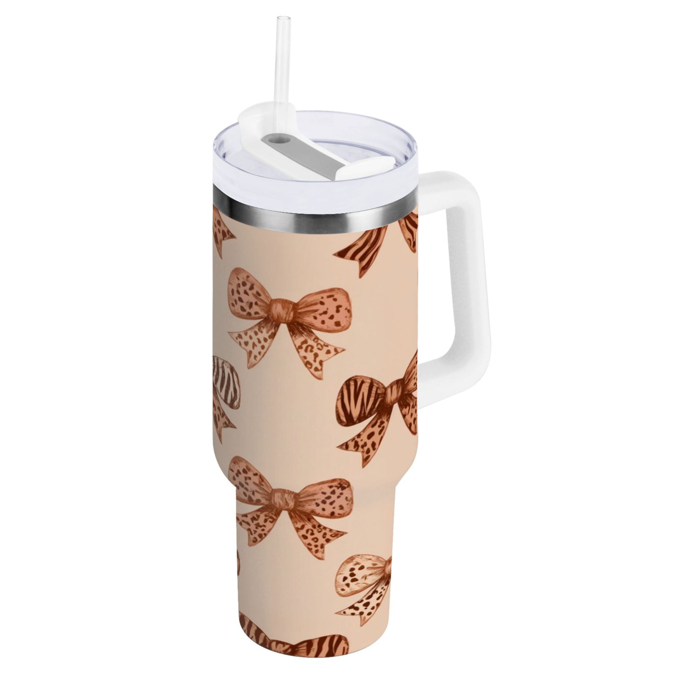 40 oz Insulated Stainless Steel Tumbler Double Wall Stainless Steel Tumbler with 2-Way Drinking Leopard Print Bow | FWQJ