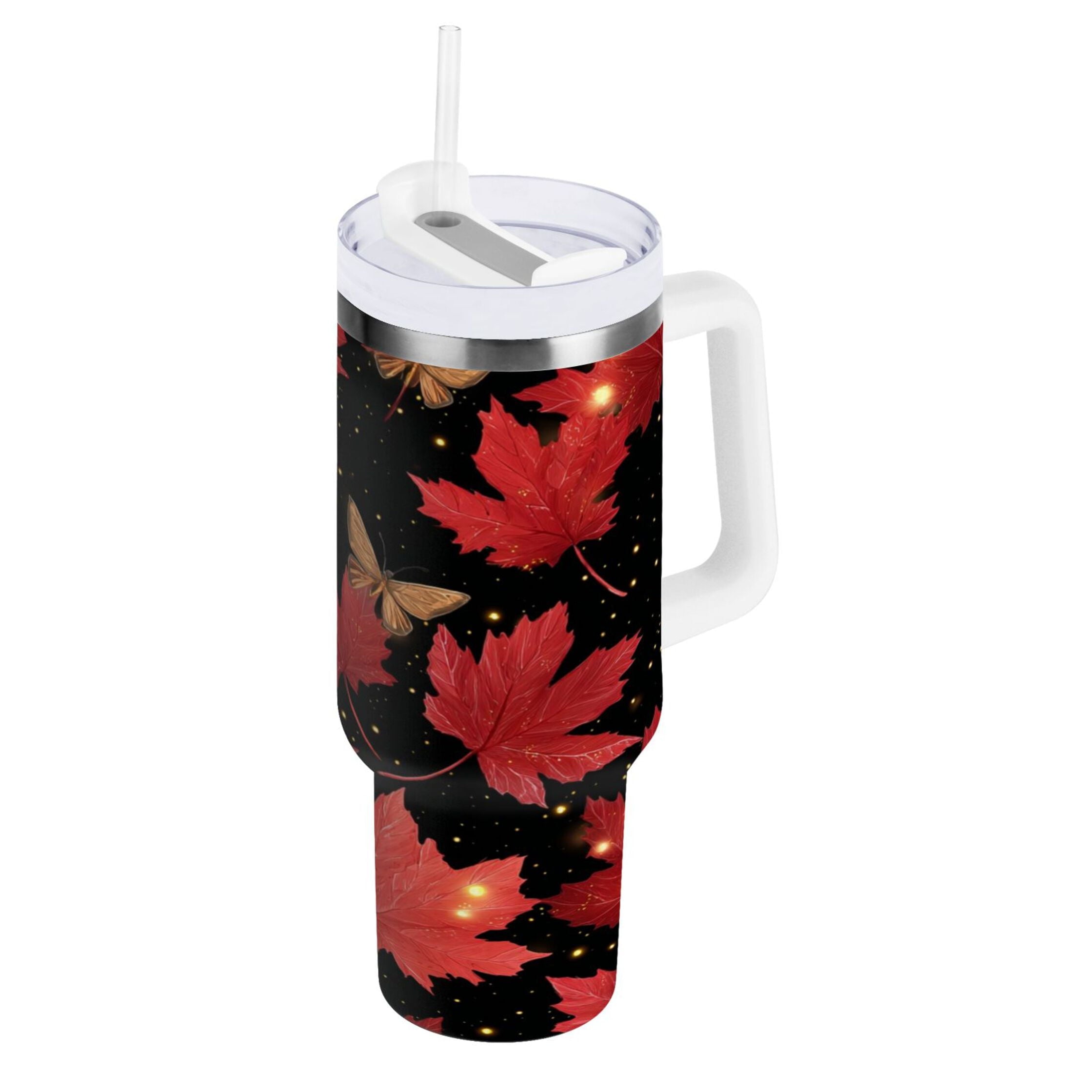 40 oz Insulated Stainless Steel Tumbler Double Wall Stainless Steel Tumbler with 2-Way Drinking Maple Leaves and Fireflies | P3ED