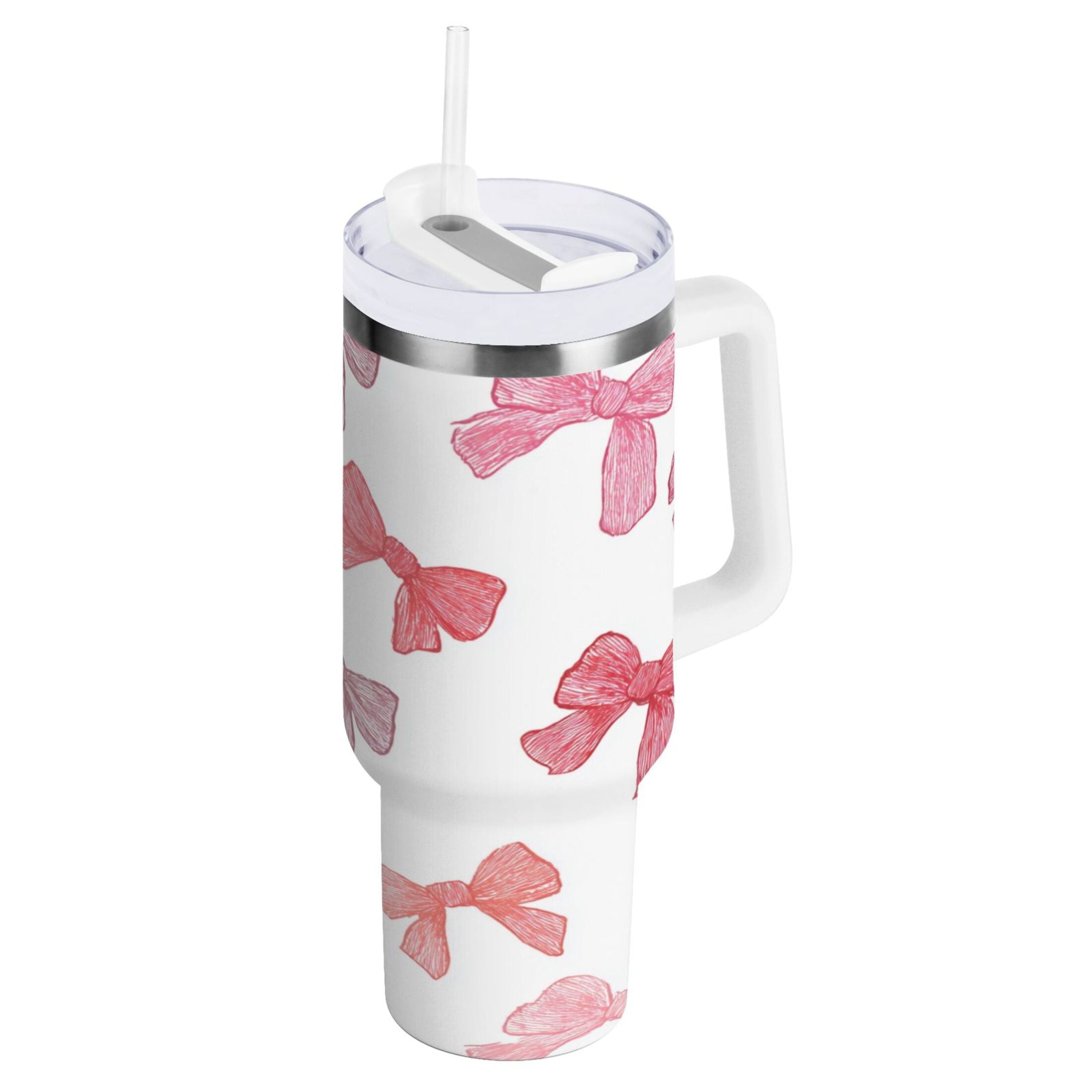 40 oz Insulated Stainless Steel Tumbler Double Wall Stainless Steel Tumbler with 2-Way Drinking Pink Bows Pattern | WY43