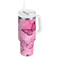40 oz Insulated Stainless Steel Tumbler Double Wall Stainless Steel Tumbler with 2-Way Drinking Pink Butterfly Pattern | QGSI