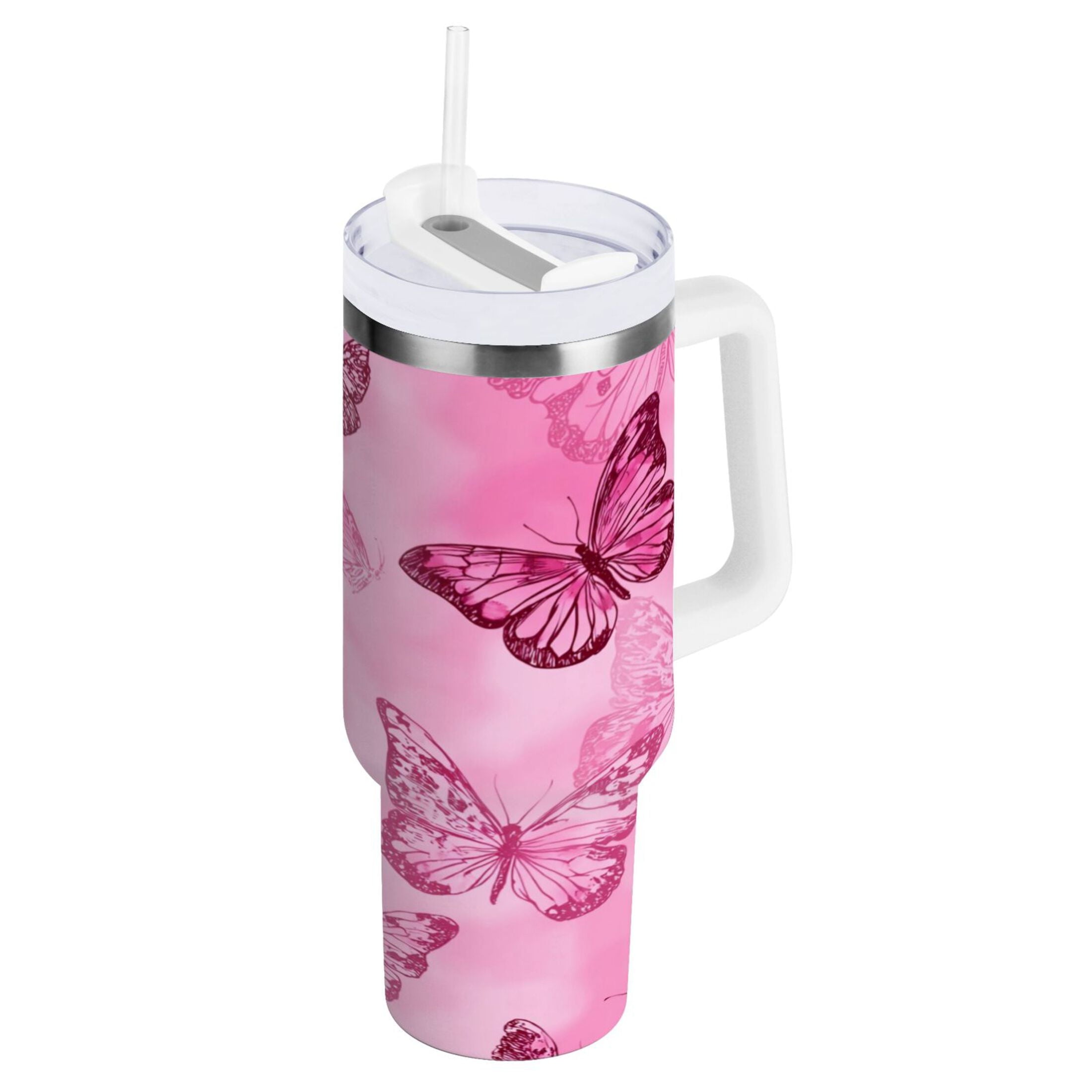 40 oz Insulated Stainless Steel Tumbler Double Wall Stainless Steel Tumbler with 2-Way Drinking Pink Butterfly Pattern | QGSI