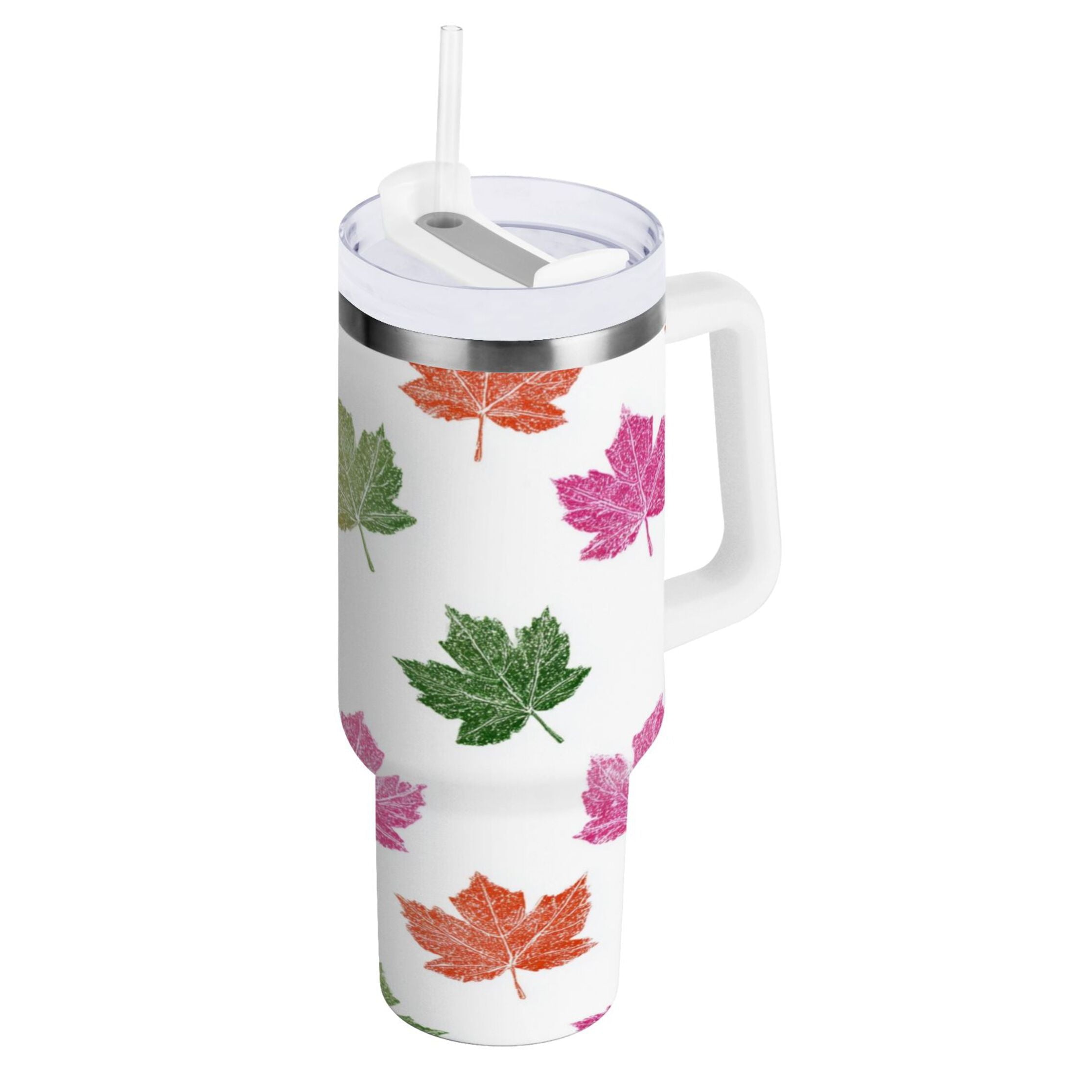 40 oz Insulated Stainless Steel Tumbler Double Wall Stainless Steel Tumbler with 2-Way Drinking Pink Maple Leaf | A3XR