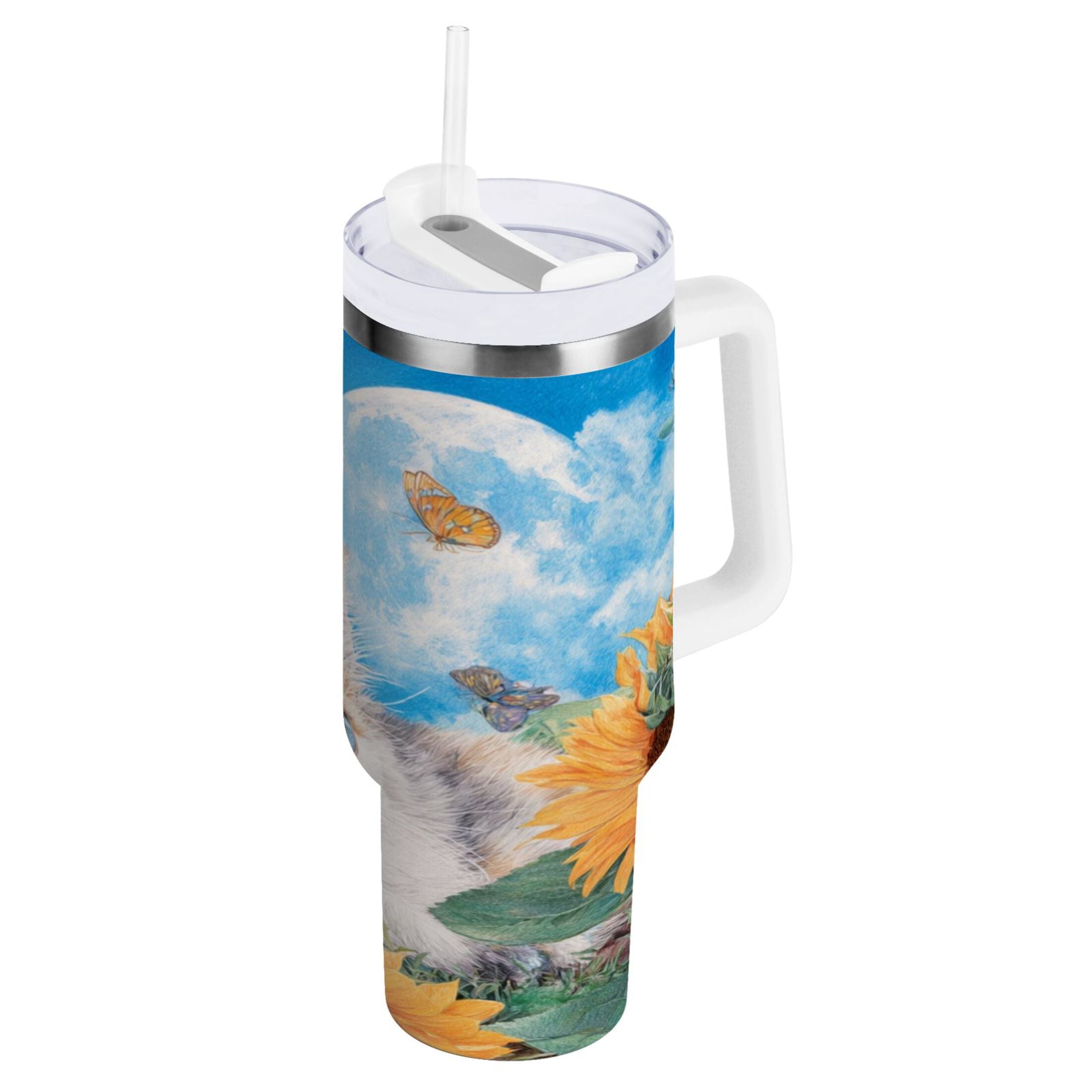40 oz Insulated Stainless Steel Tumbler Double Wall Stainless Steel Tumbler with 2-Way Drinking Playful Cat Lying Sunflowers | 0JB7