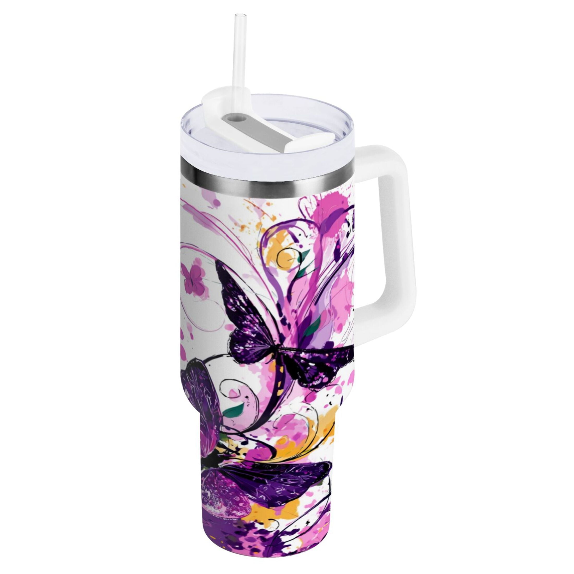 40 oz Insulated Stainless Steel Tumbler Double Wall Stainless Steel Tumbler with 2-Way Drinking Purple Butterfly | FP4L