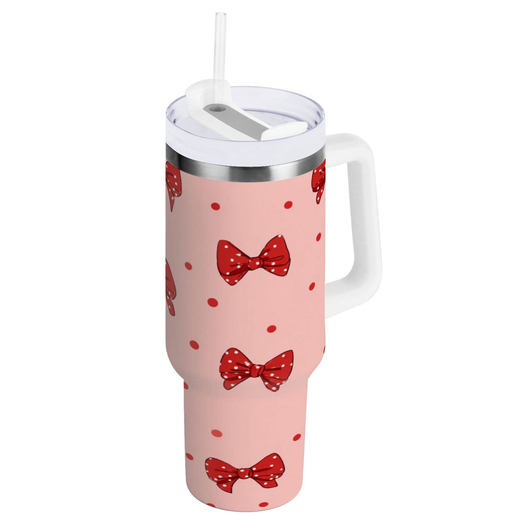 40 oz Insulated Stainless Steel Tumbler Double Wall Stainless Steel Tumbler with 2-Way Drinking Red Bows and Polka Dots | OPB4