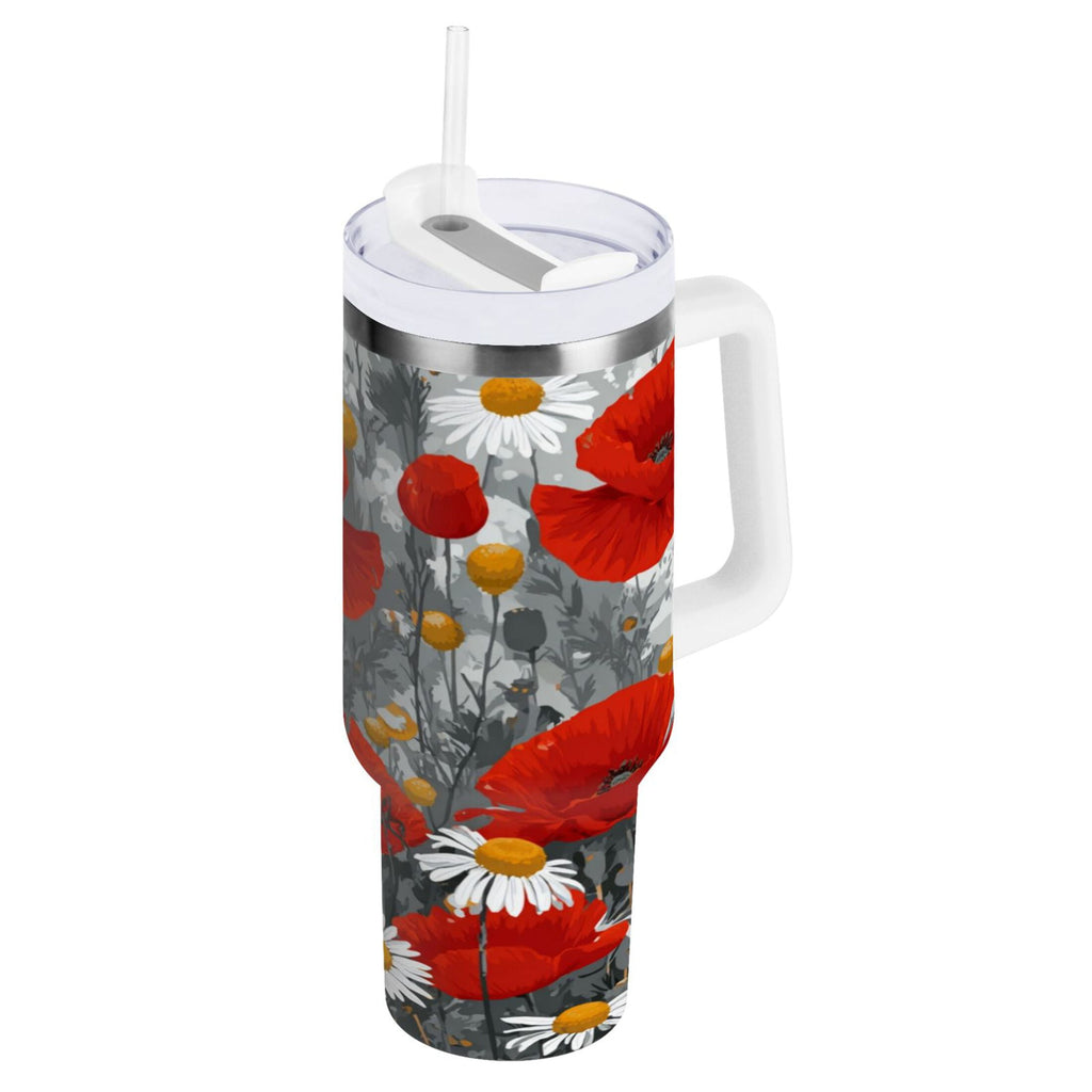 40 oz Insulated Stainless Steel Tumbler Double Wall Stainless Steel Tumbler with 2-Way Drinking Red Flowers and Daisies | TCBC