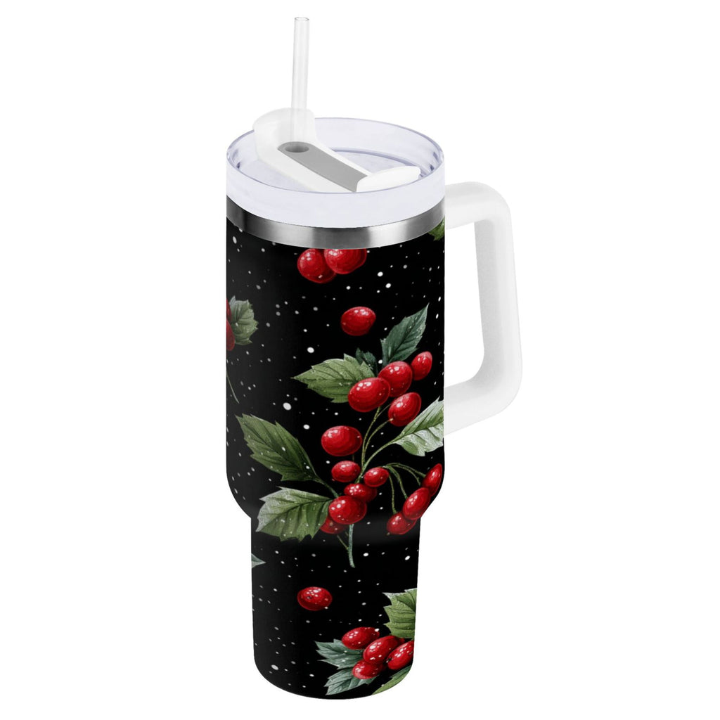 40 oz Insulated Stainless Steel Tumbler Double Wall Stainless Steel Tumbler with 2-Way Drinking Red Holly Berries Pattern | X1IS