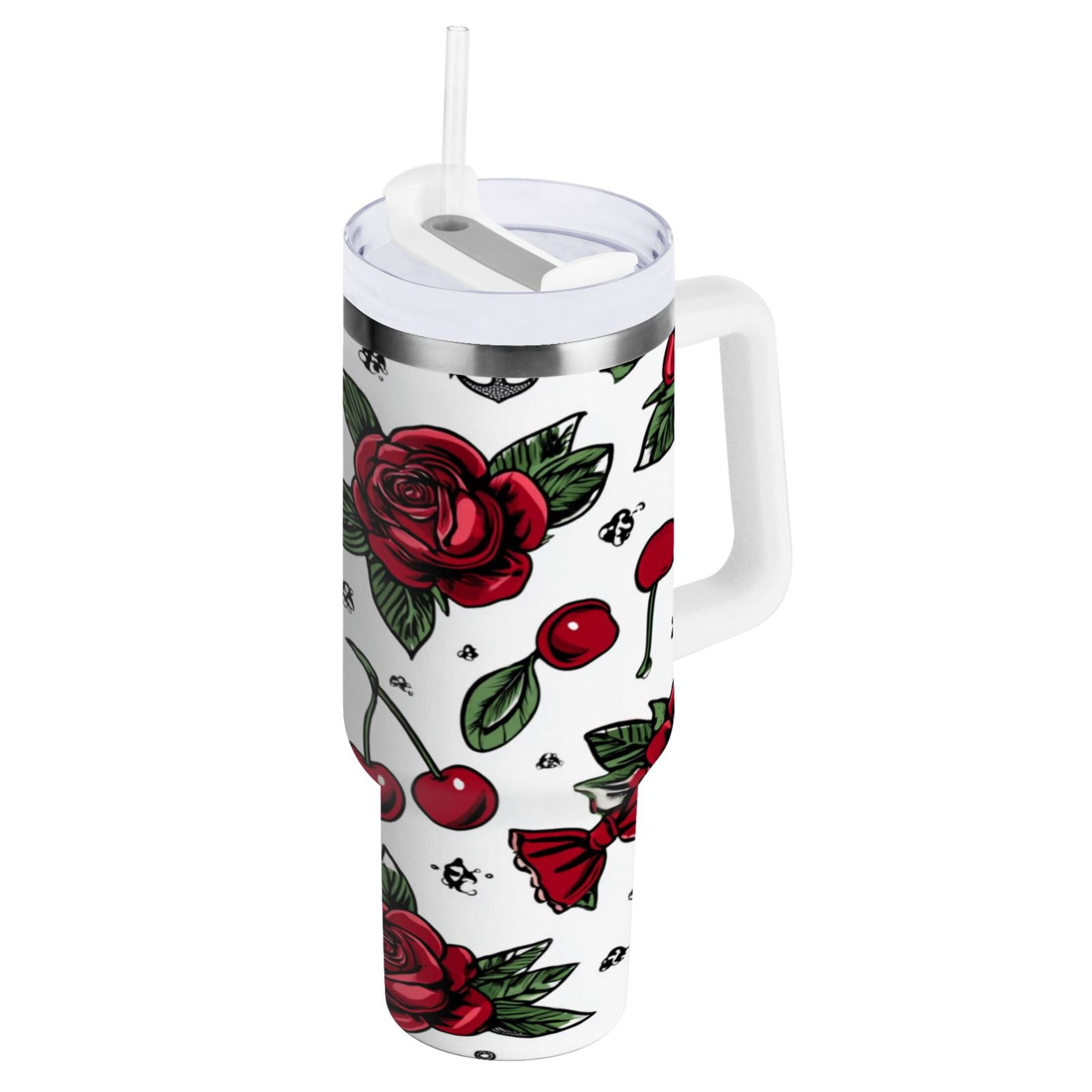 40 oz Insulated Stainless Steel Tumbler Double Wall Stainless Steel Tumbler with 2-Way Drinking Red Roses and Cherries | NJNQ