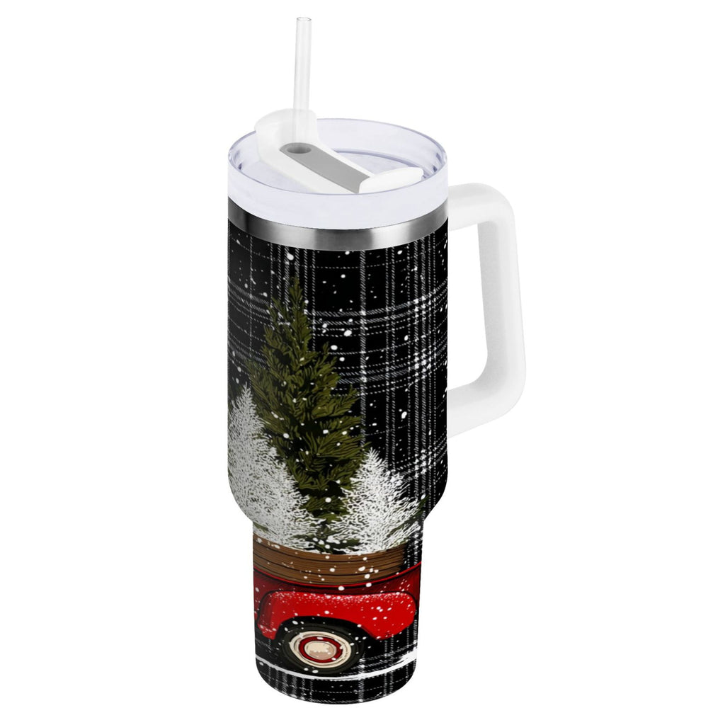 40 oz Insulated Stainless Steel Tumbler Double Wall Stainless Steel Tumbler with 2-Way Drinking Red Truck with Christmas Tree | O903