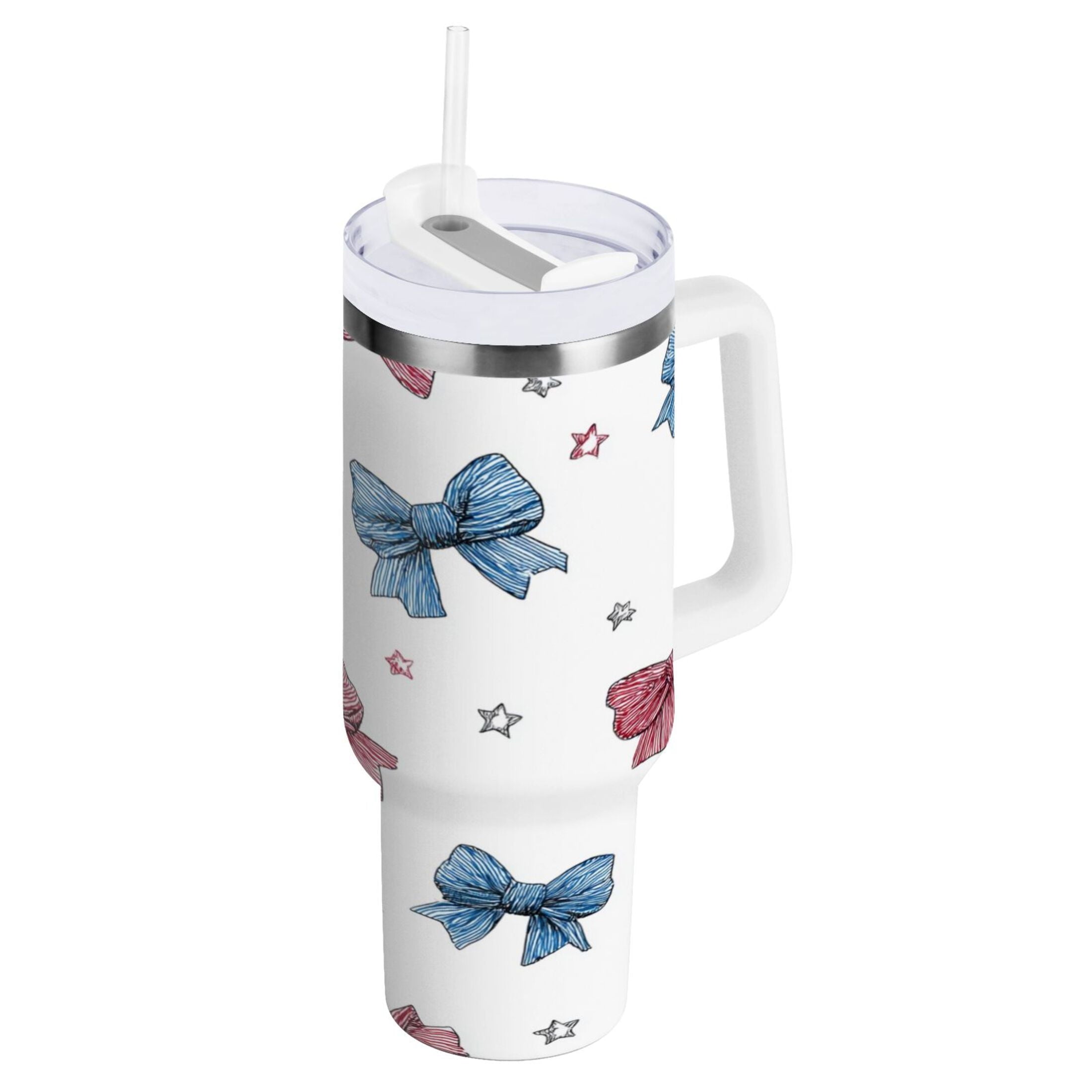 40 oz Insulated Stainless Steel Tumbler Double Wall Stainless Steel Tumbler with 2-Way Drinking Red and Blue Stripes Bows | QANM
