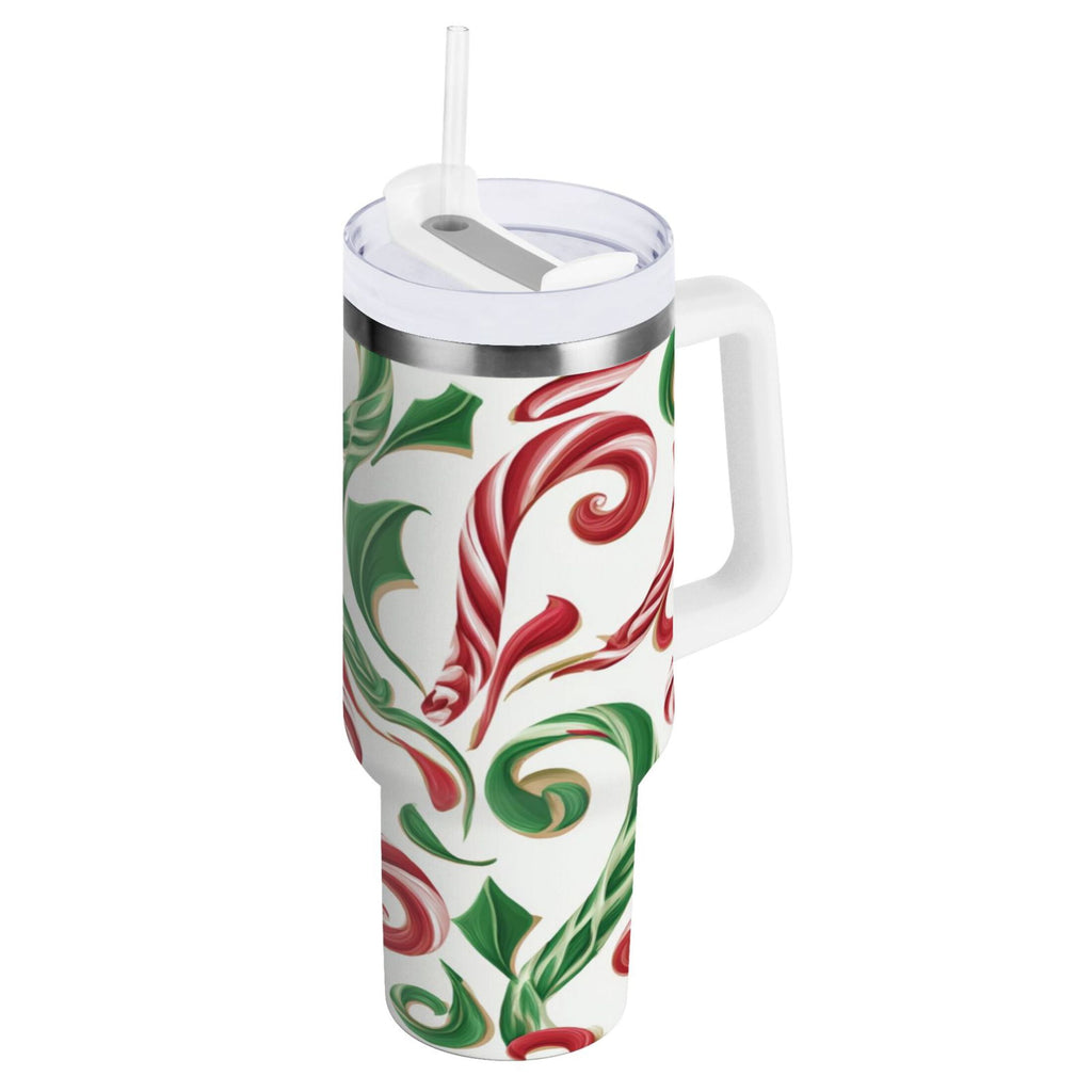 40 oz Insulated Stainless Steel Tumbler Double Wall Stainless Steel Tumbler with 2-Way Drinking Red and Green Candy-cane | D91A