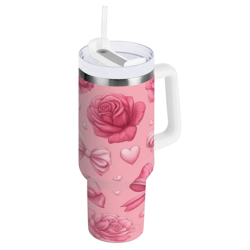 40 oz Insulated Stainless Steel Tumbler Double Wall Stainless Steel Tumbler with 2-Way Drinking Roses and Bows Pattern | F0HD