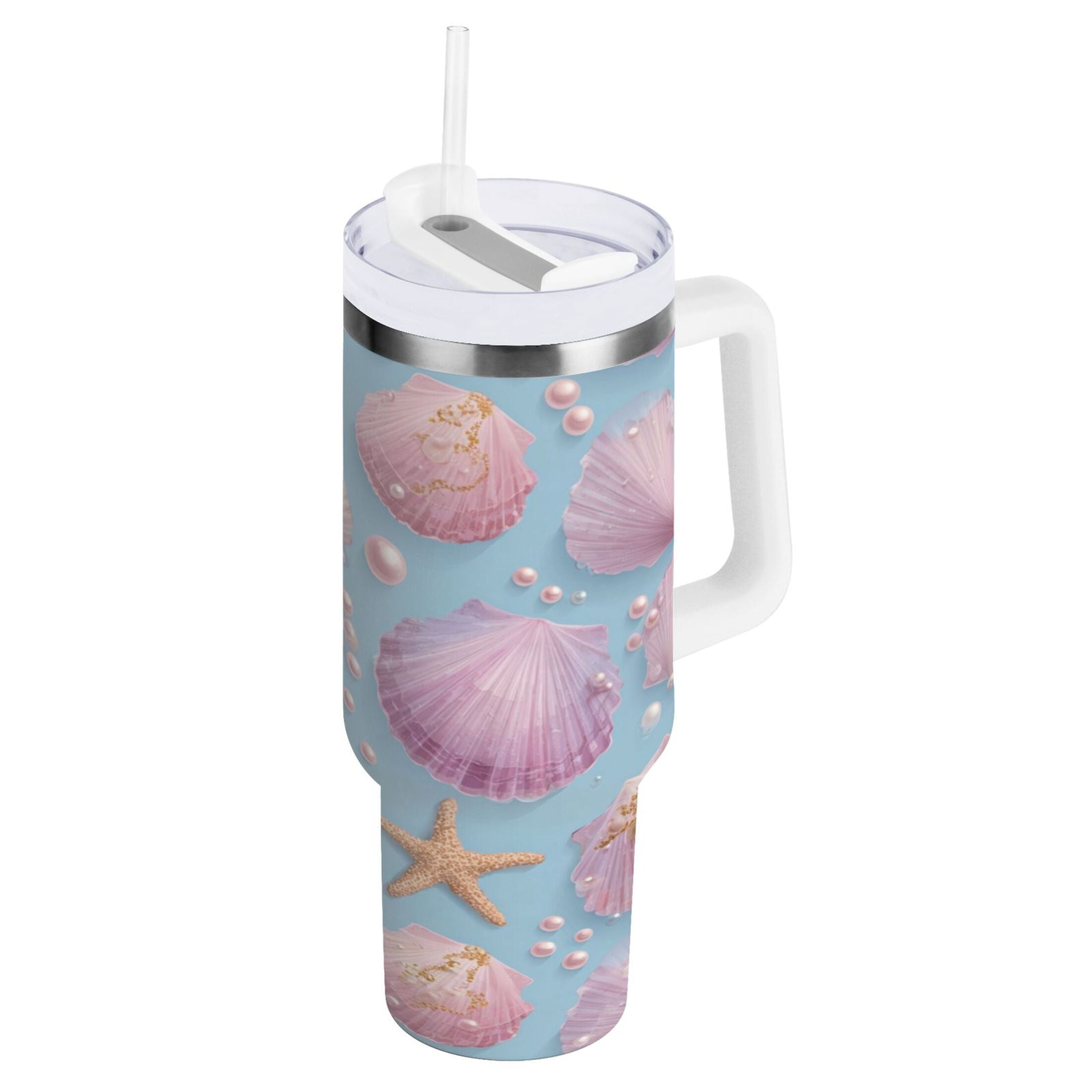 40 oz Insulated Stainless Steel Tumbler Double Wall Stainless Steel Tumbler with 2-Way Drinking Seashells and Pearls Pattern | DLKW