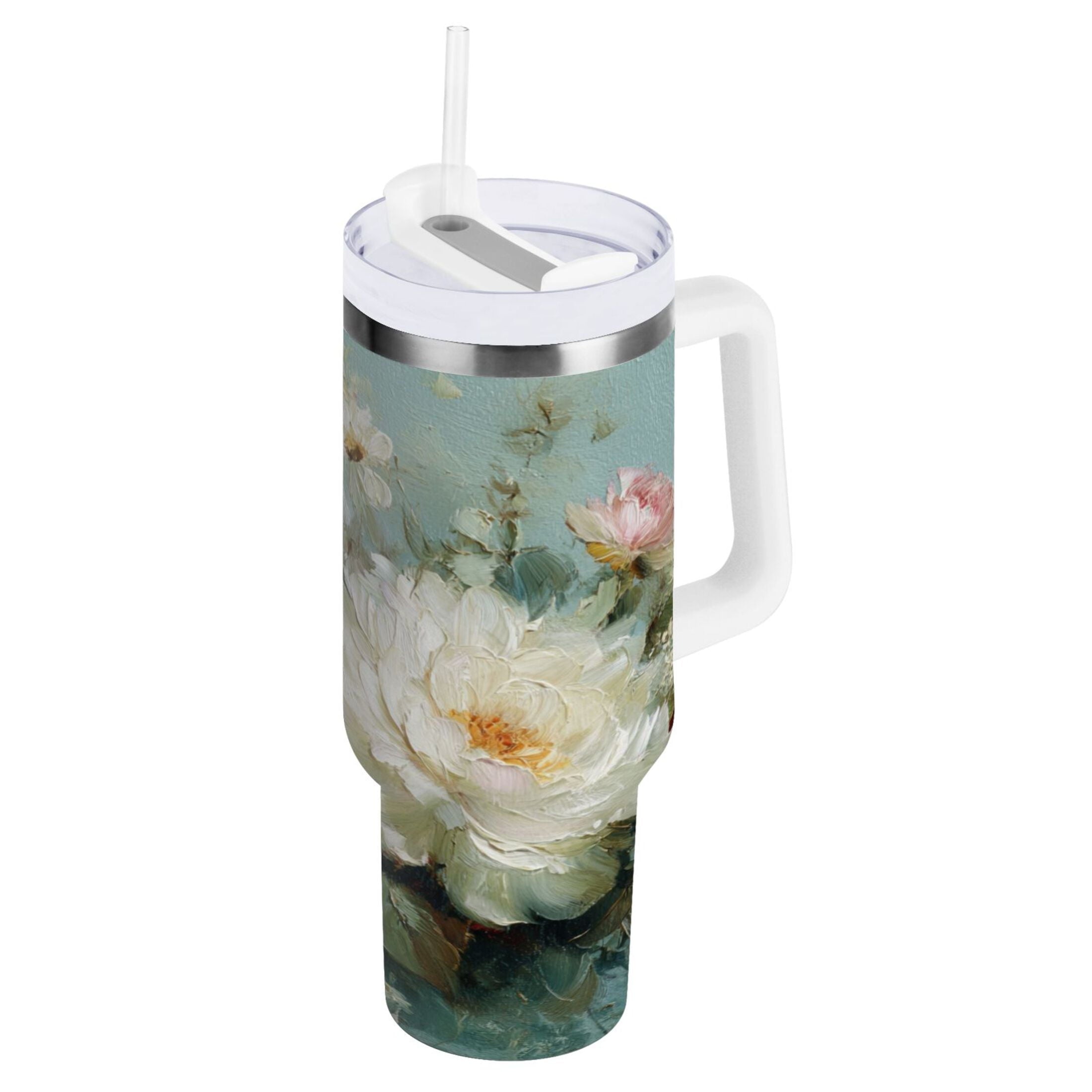 40 oz Insulated Stainless Steel Tumbler Double Wall Stainless Steel Tumbler with 2-Way Drinking Vintage Peonies and Daisies | 0ZIT