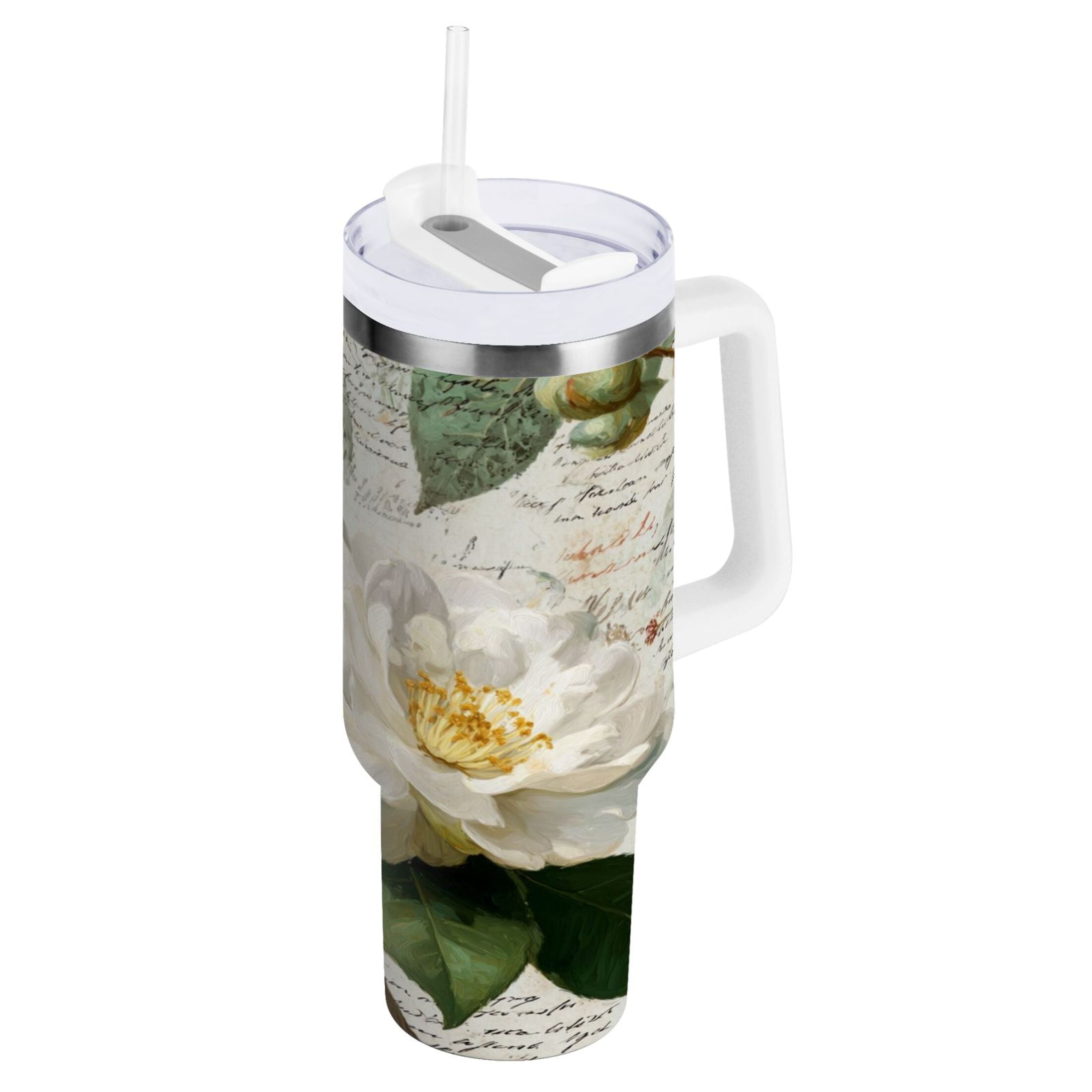 40 oz Insulated Stainless Steel Tumbler Double Wall Stainless Steel Tumbler with 2-Way Drinking Vintage White Camellias | YH44