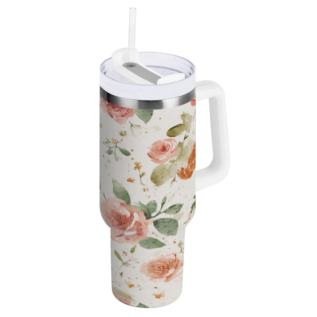 40 oz Insulated Stainless Steel Tumbler Double Wall Stainless Steel Tumbler with 2-Way Drinking Watercolor Rose Floral Pattern | OK57