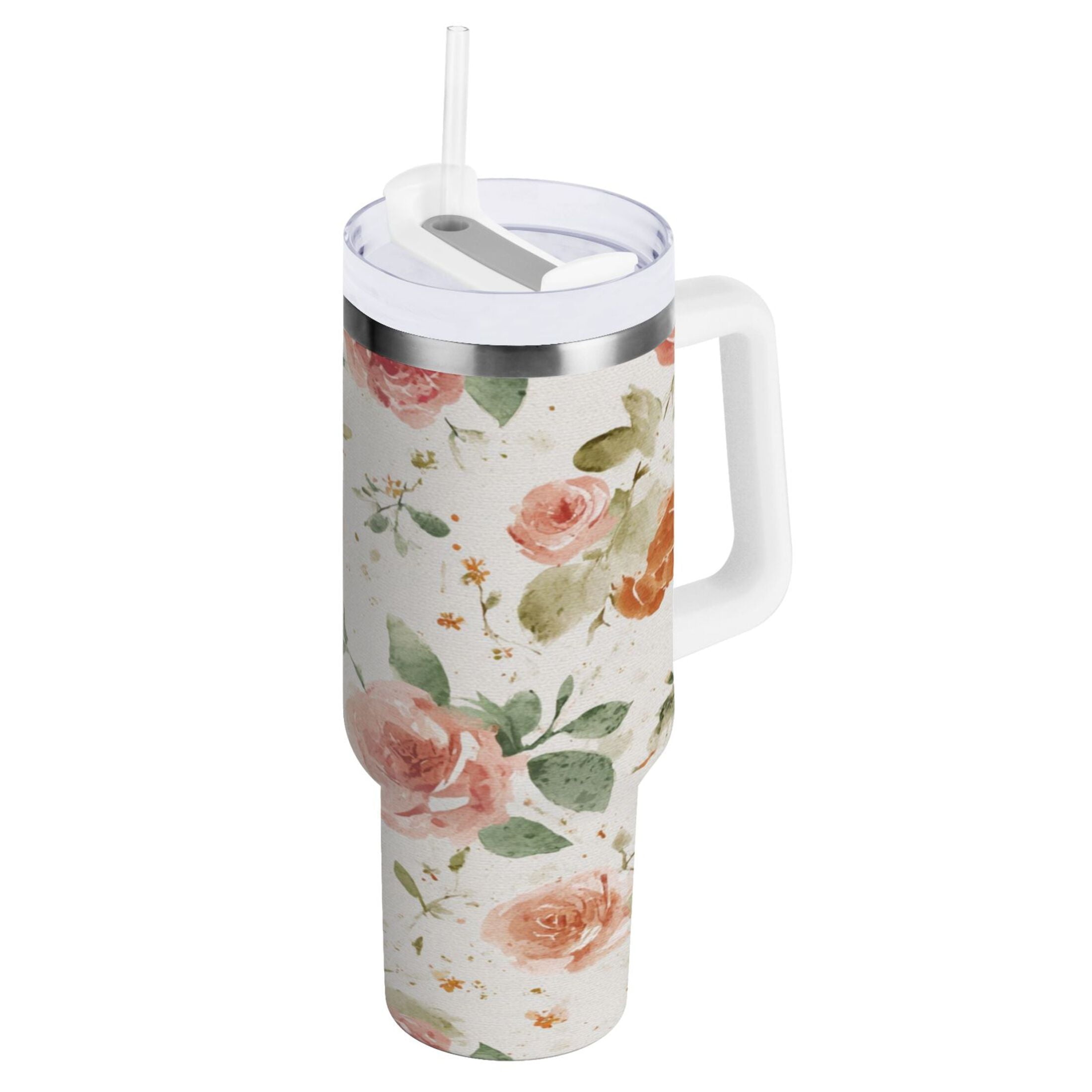 40 oz Insulated Stainless Steel Tumbler Double Wall Stainless Steel Tumbler with 2-Way Drinking Watercolor Rose Floral Pattern | OK57