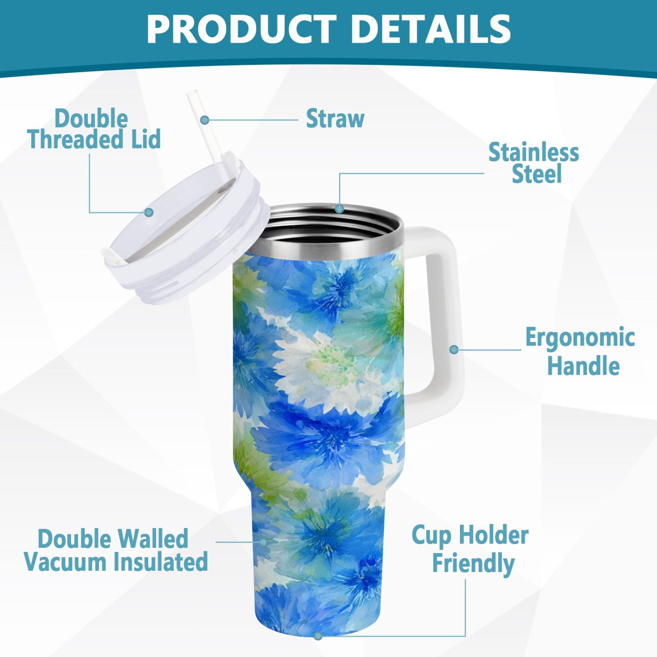 40 oz Insulated Stainless Steel Tumbler Double Wall Stainless Steel Tumbler with 2-Way Drinking Watercolor Blue Cornflowers | EL8K