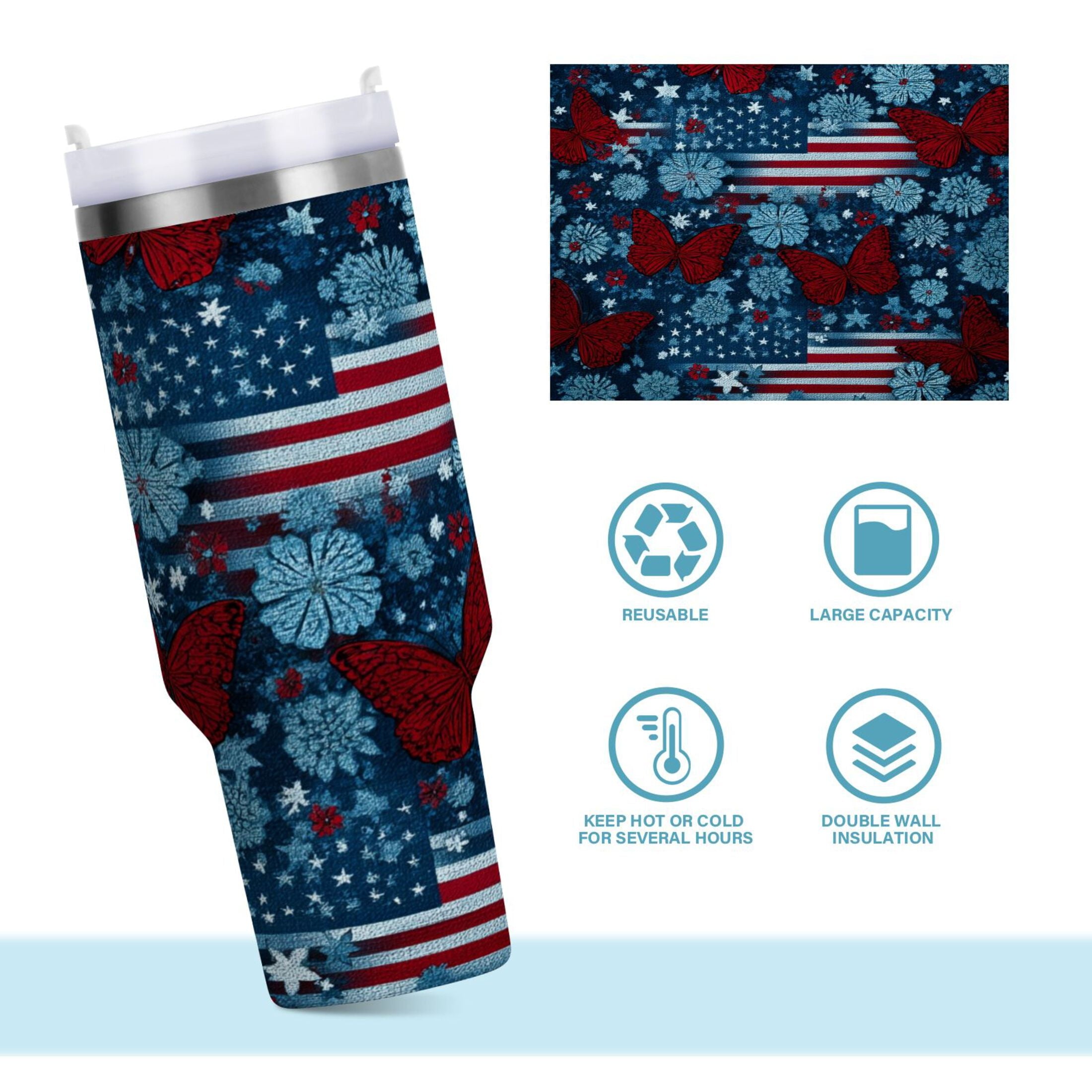 30 oz Insulated Stainless Steel Tumbler Double Wall Stainless Steel Tumbler with 2-Way Drinking Red Butterflies and Flags | PY3J