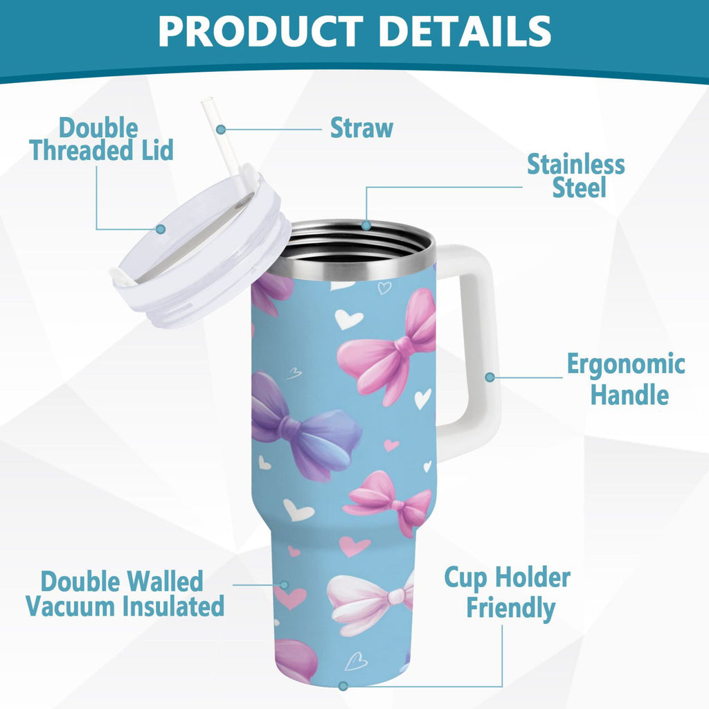 30 oz Insulated Stainless Steel Tumbler Double Wall Stainless Steel Tumbler with 2-Way Drinking Pink and Purple Bows | AORP