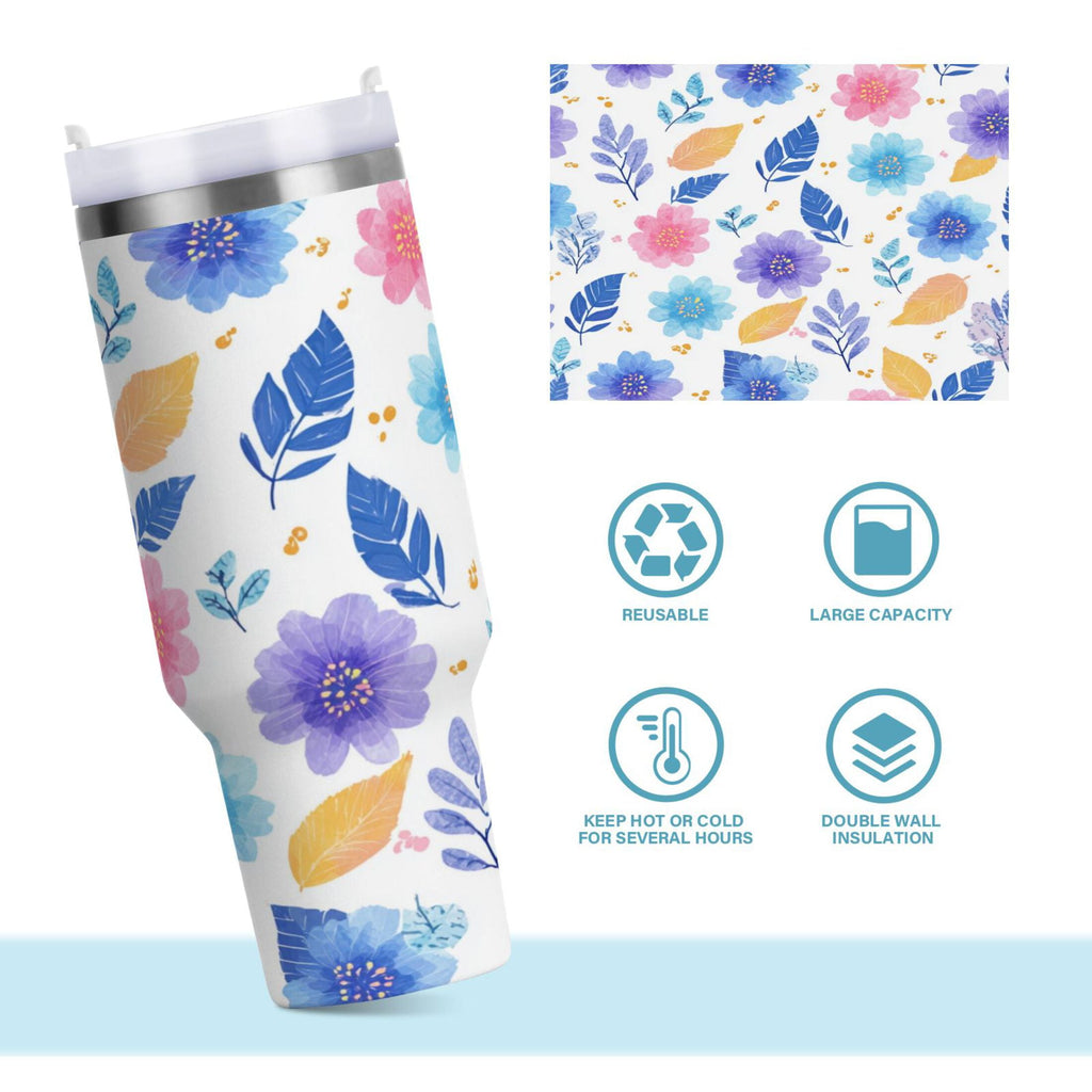 30 oz Insulated Stainless Steel Tumbler Double Wall Stainless Steel Tumbler with 2-Way Drinking Blue and Purple Flowers | HBCZ