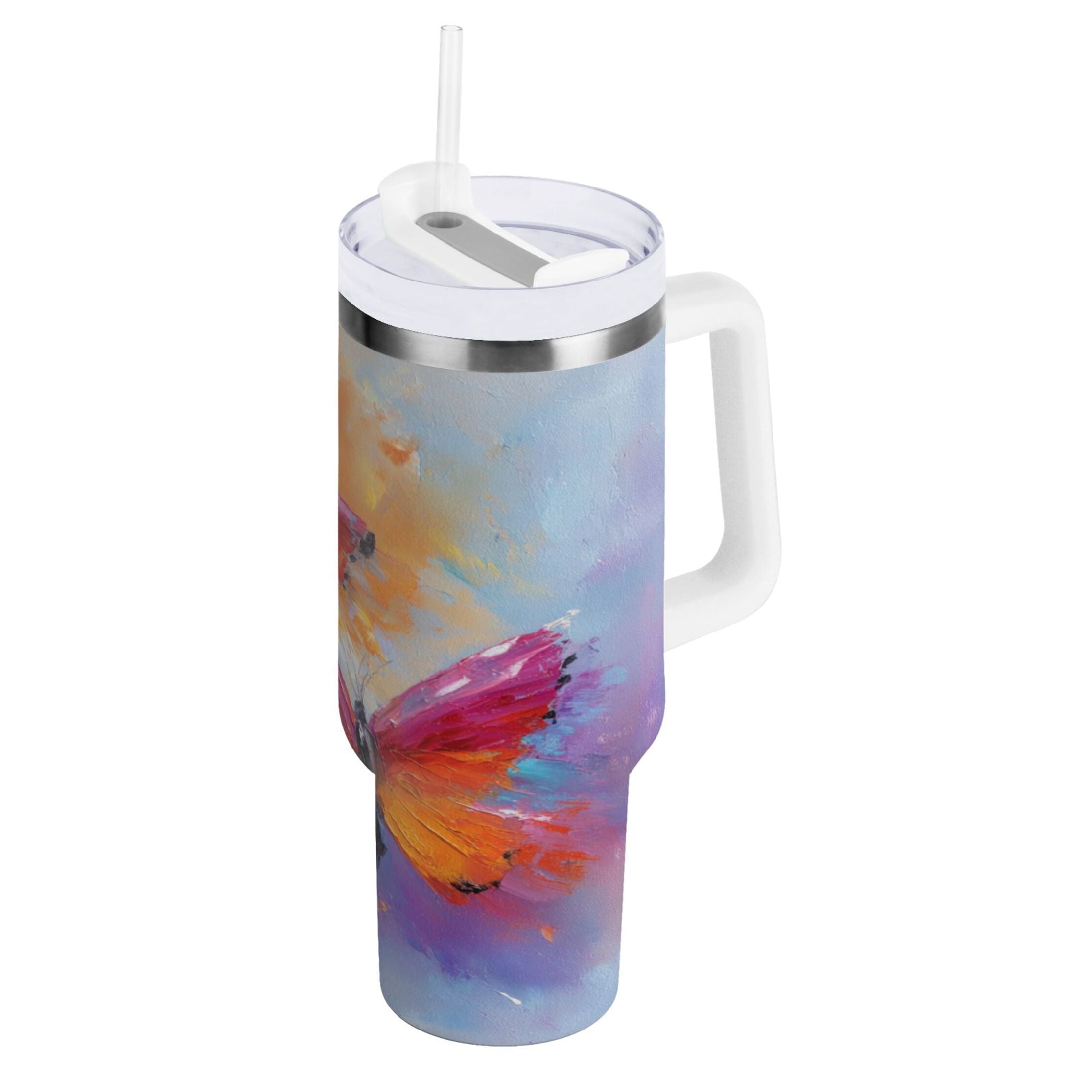 30 oz Insulated Stainless Steel Tumbler Double Wall Stainless Steel Tumbler with 2-Way Drinking Red and Orange Butterflies | 90H2