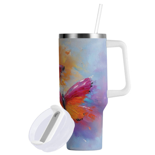 30 oz Insulated Stainless Steel Tumbler Double Wall Stainless Steel Tumbler with 2-Way Drinking Red and Orange Butterflies | 90H2