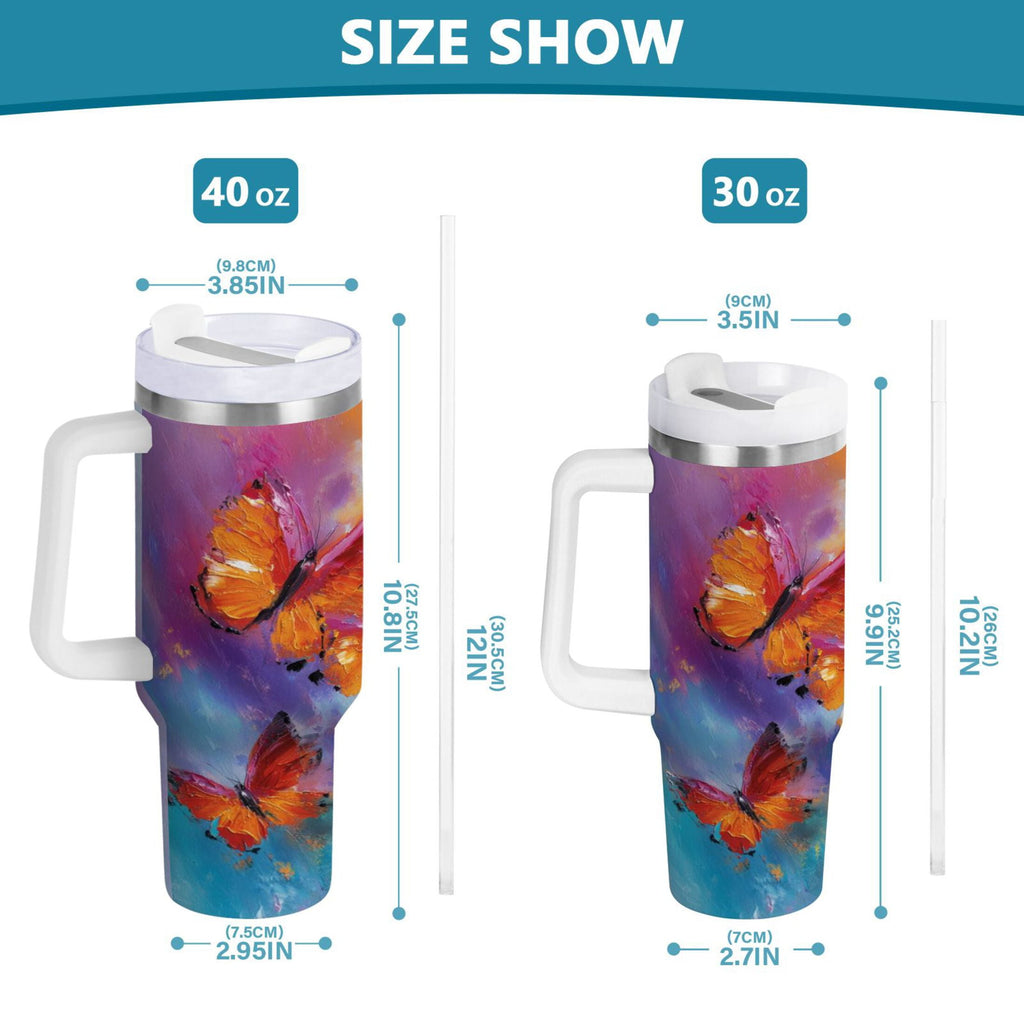 30 oz Insulated Stainless Steel Tumbler Double Wall Stainless Steel Tumbler with 2-Way Drinking Red and Orange Butterflies | 90H2