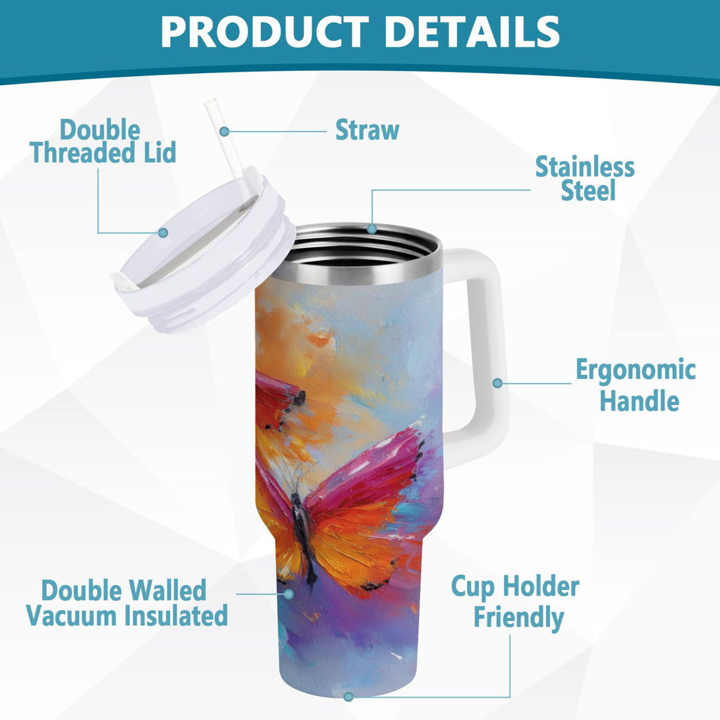30 oz Insulated Stainless Steel Tumbler Double Wall Stainless Steel Tumbler with 2-Way Drinking Red and Orange Butterflies | 90H2