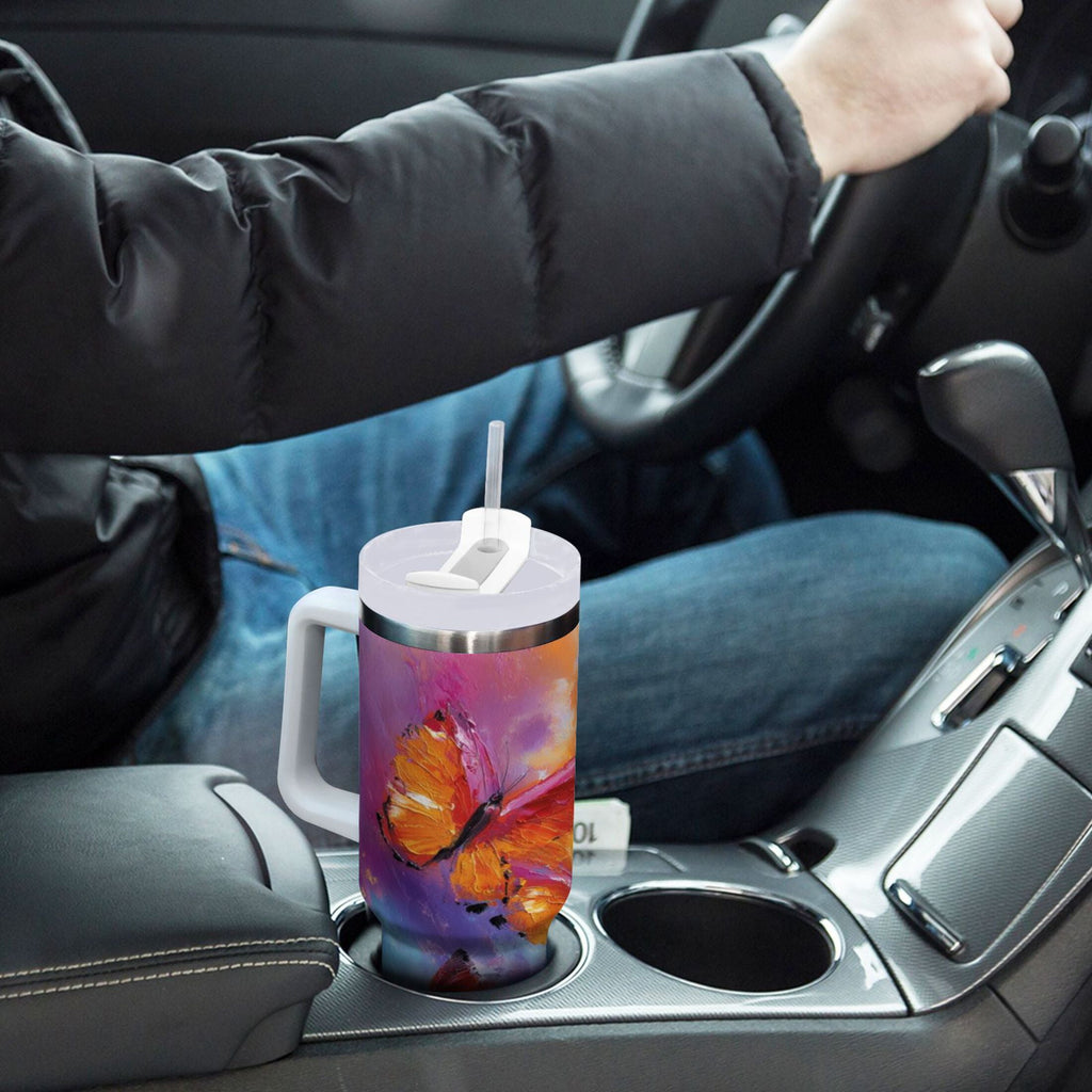 30 oz Insulated Stainless Steel Tumbler Double Wall Stainless Steel Tumbler with 2-Way Drinking Red and Orange Butterflies | 90H2