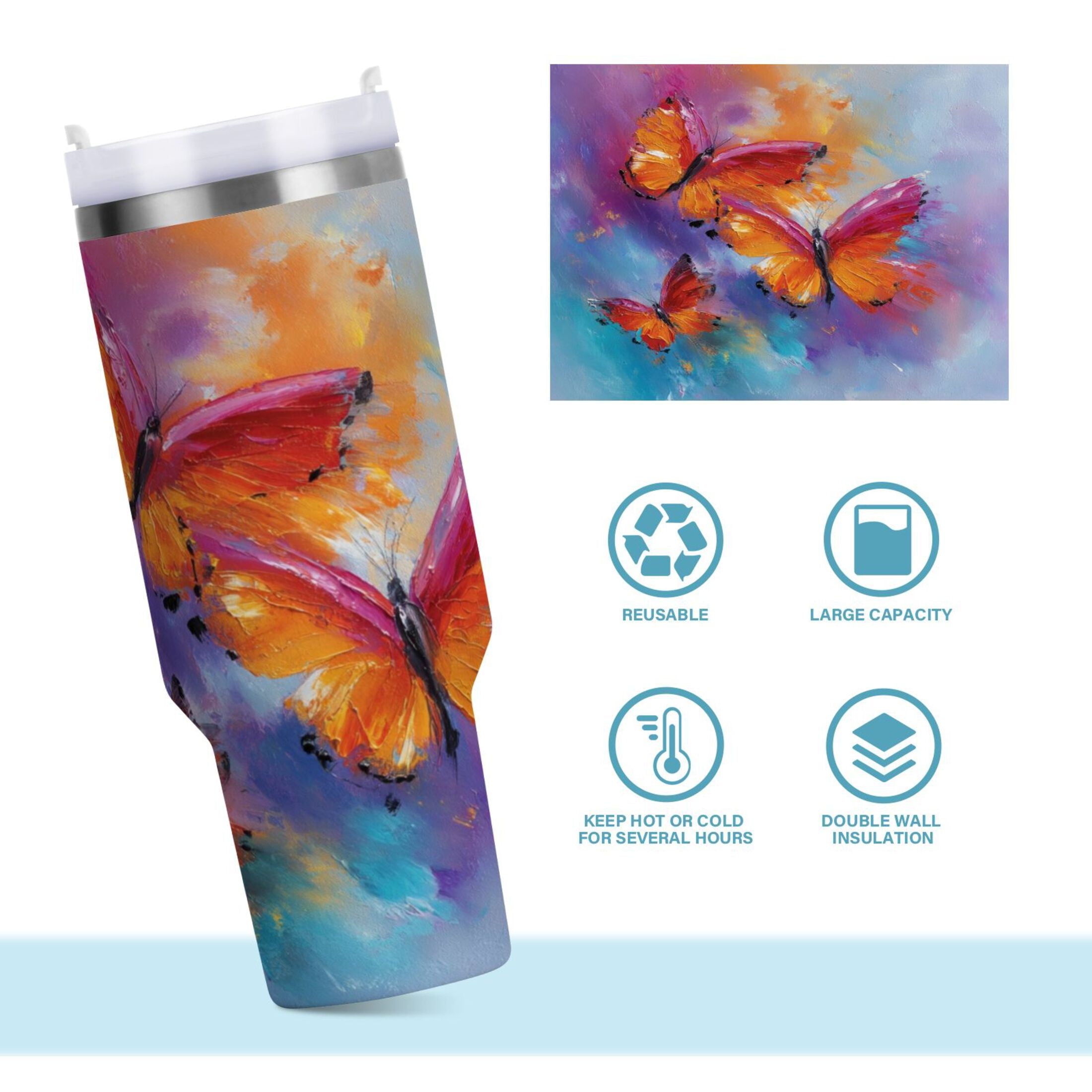 30 oz Insulated Stainless Steel Tumbler Double Wall Stainless Steel Tumbler with 2-Way Drinking Red and Orange Butterflies | 90H2
