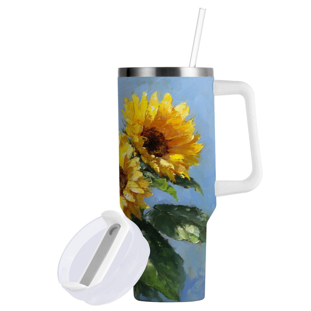40 oz Insulated Stainless Steel Tumbler Double Wall Stainless Steel Tumbler with 2-Way Drinking Sunflowers Painting | WS0A