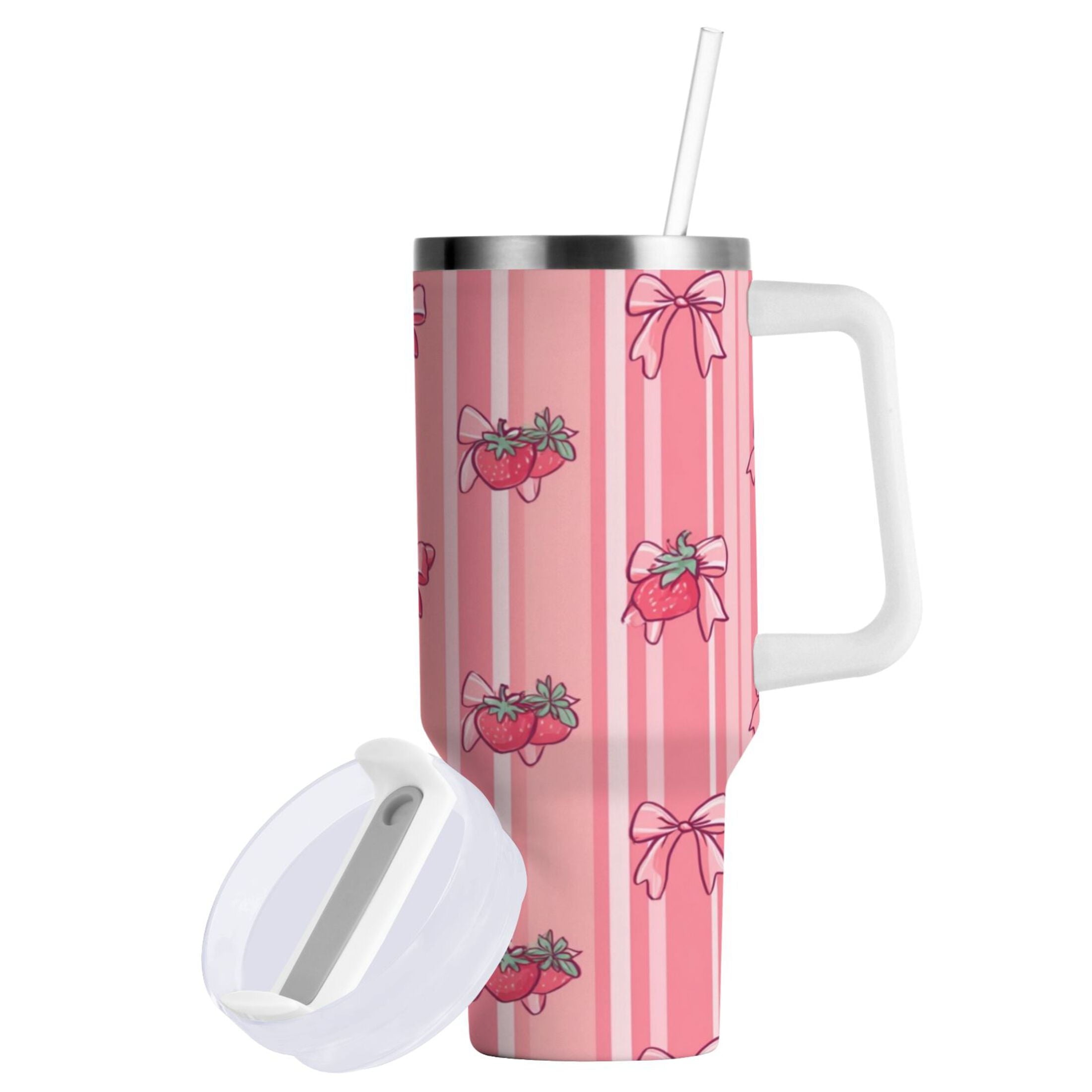 30 oz Insulated Stainless Steel Tumbler Double Wall Stainless Steel Tumbler with 2-Way Drinking Pink Bows and Strawberries | DVN9