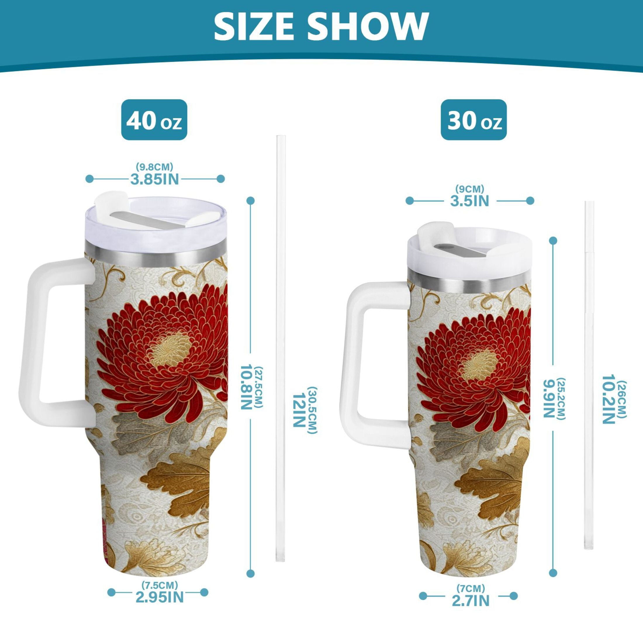 30 oz Insulated Stainless Steel Tumbler Double Wall Stainless Steel Tumbler with 2-Way Drinking Red Chrysanthemum Pattern | EJZ9