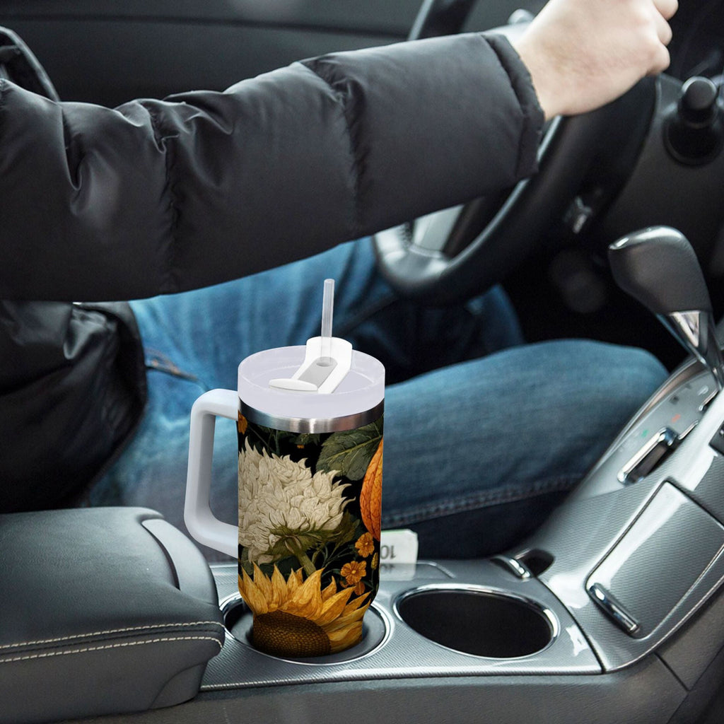 40 oz Insulated Stainless Steel Tumbler Double Wall Stainless Steel Tumbler with 2-Way Drinking Pumpkins and Sunflowers Pattern | TB11
