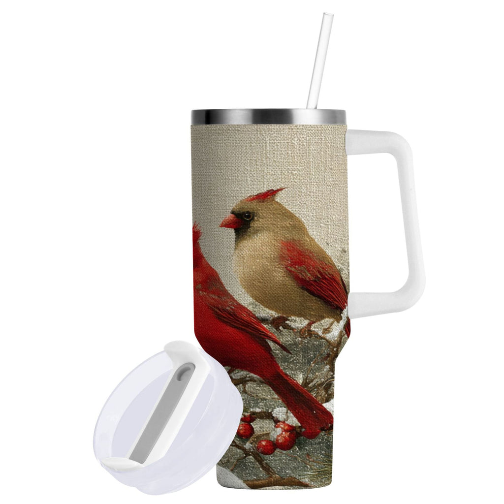30 oz Insulated Stainless Steel Tumbler Double Wall Stainless Steel Tumbler with 2-Way Drinking Bird and Snow-covered Trees | L05G