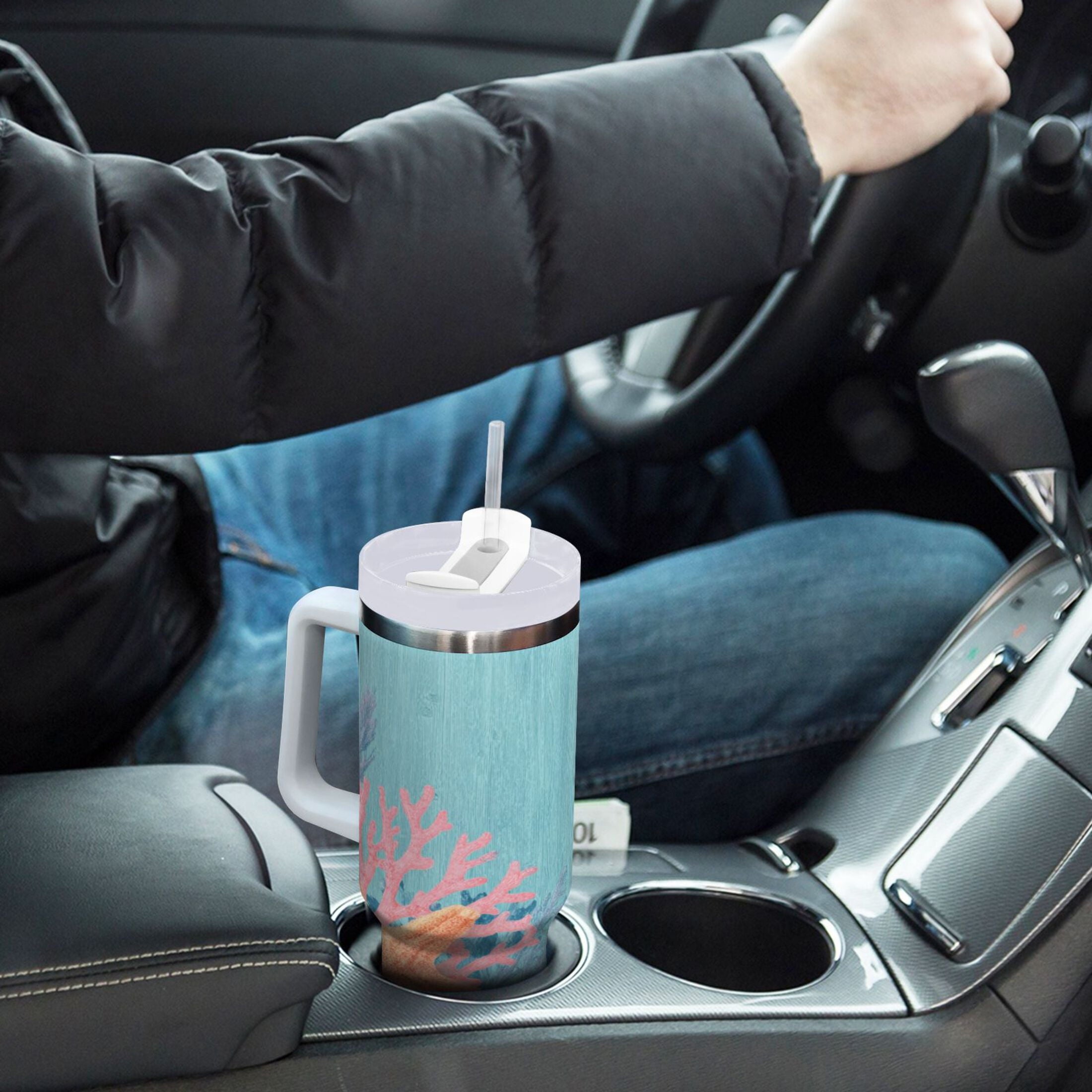 40 oz Insulated Stainless Steel Tumbler Double Wall Stainless Steel Tumbler with 2-Way Drinking Colorful Starfish and Seashells | V9JE