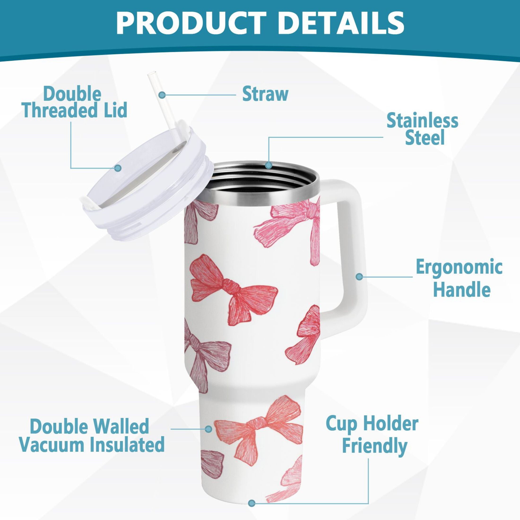 40 oz Insulated Stainless Steel Tumbler Double Wall Stainless Steel Tumbler with 2-Way Drinking Pink Bows Pattern | WY43