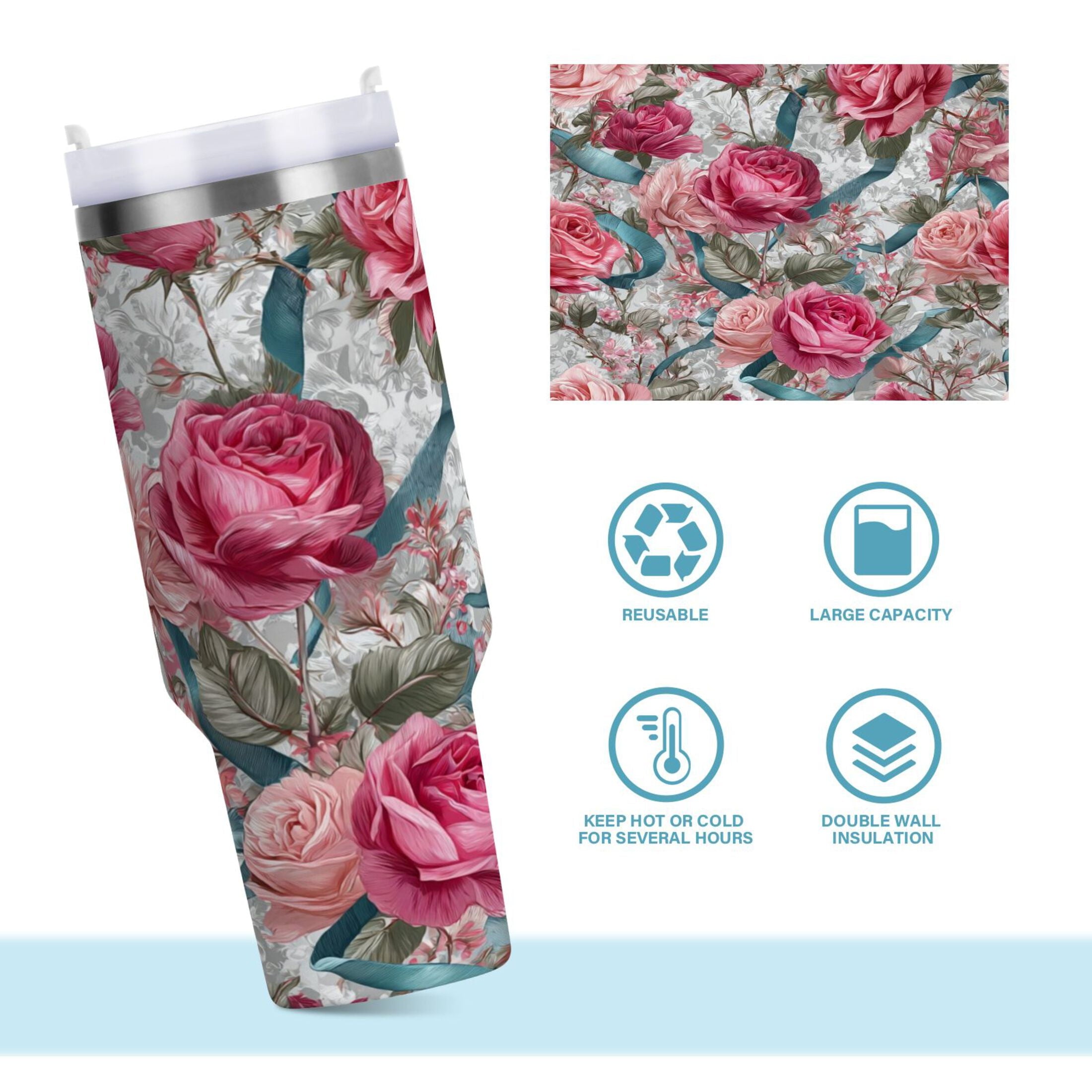 30 oz Insulated Stainless Steel Tumbler Double Wall Stainless Steel Tumbler with 2-Way Drinking Roses and Ribbons | M3YY
