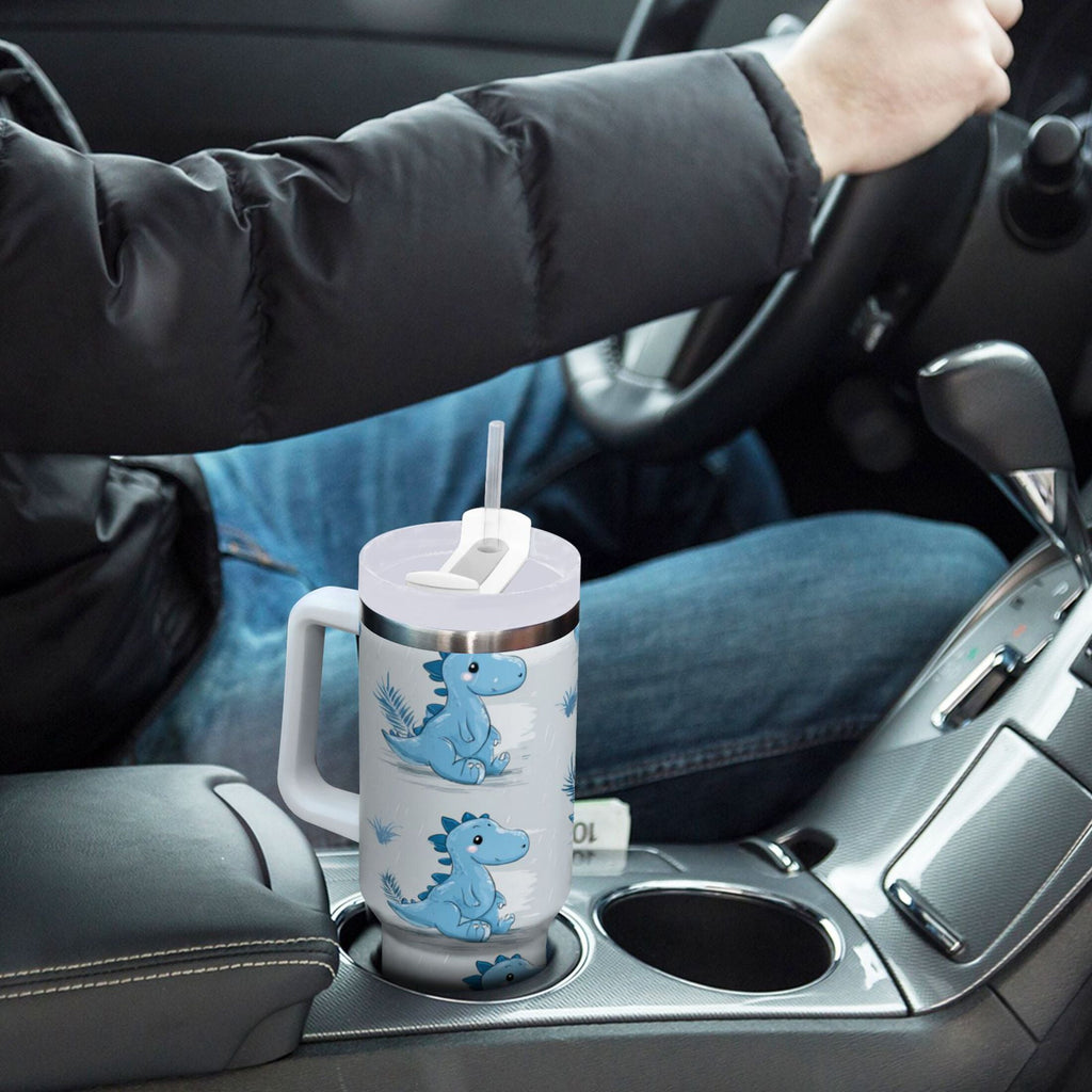 30 oz Insulated Stainless Steel Tumbler Double Wall Stainless Steel Tumbler with 2-Way Drinking Cartoon Blue Dinosaurs | LT8E