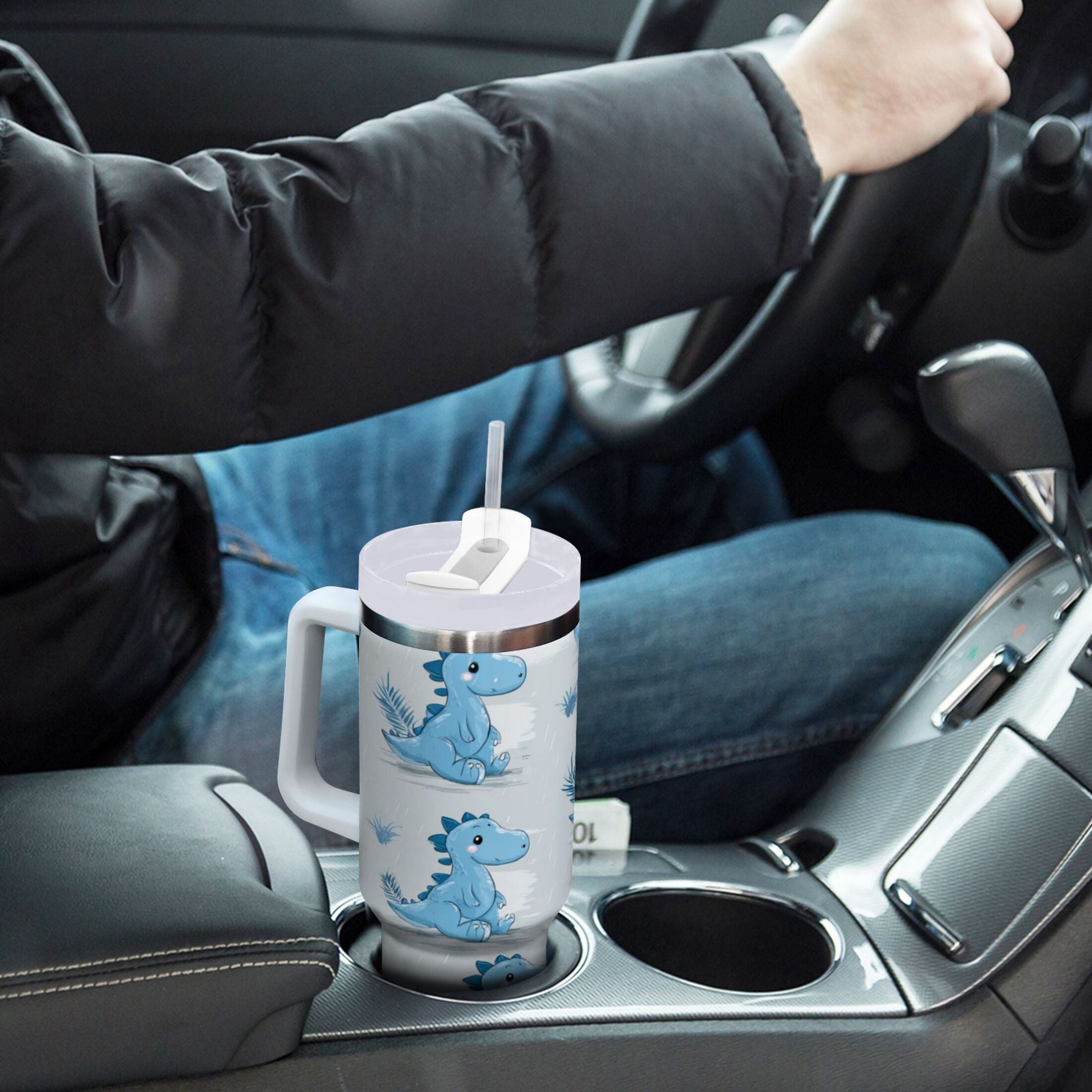 30 oz Insulated Stainless Steel Tumbler Double Wall Stainless Steel Tumbler with 2-Way Drinking Cartoon Blue Dinosaurs | LT8E