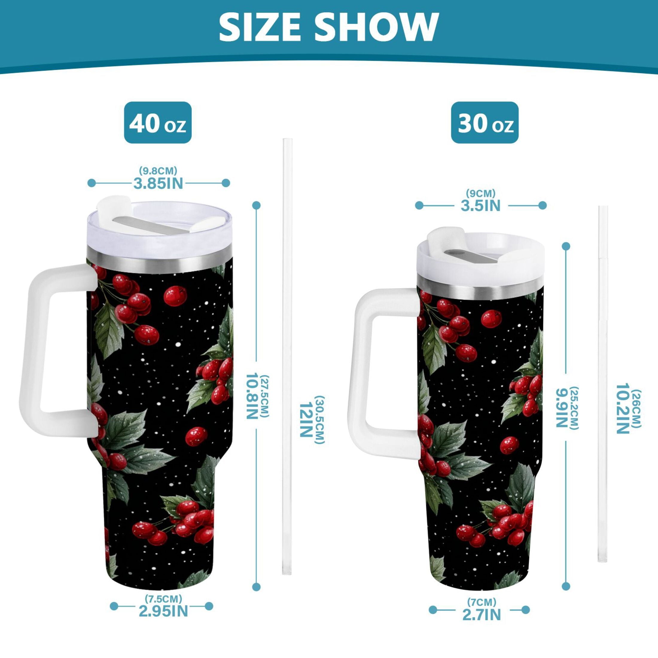 40 oz Insulated Stainless Steel Tumbler Double Wall Stainless Steel Tumbler with 2-Way Drinking Red Holly Berries Pattern | X1IS
