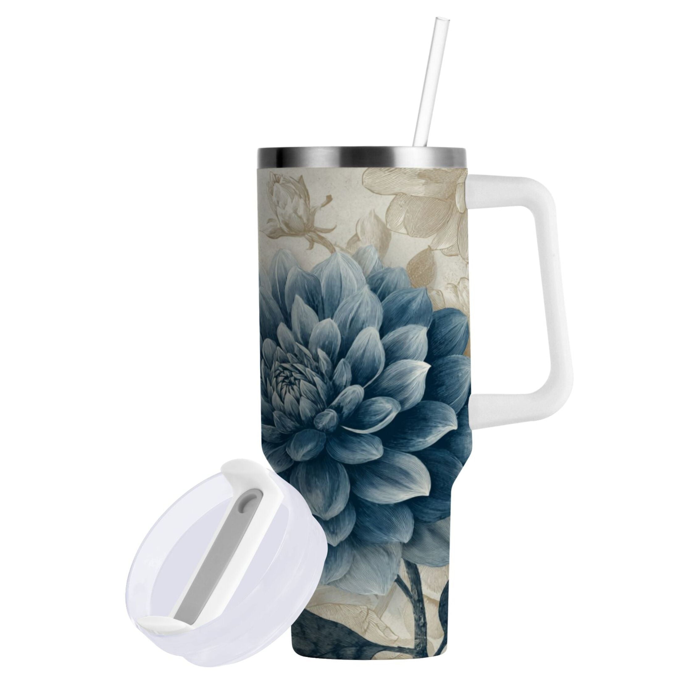 40 oz Insulated Stainless Steel Tumbler Double Wall Stainless Steel Tumbler with 2-Way Drinking Blue Flower with Butterflies | Y1CF
