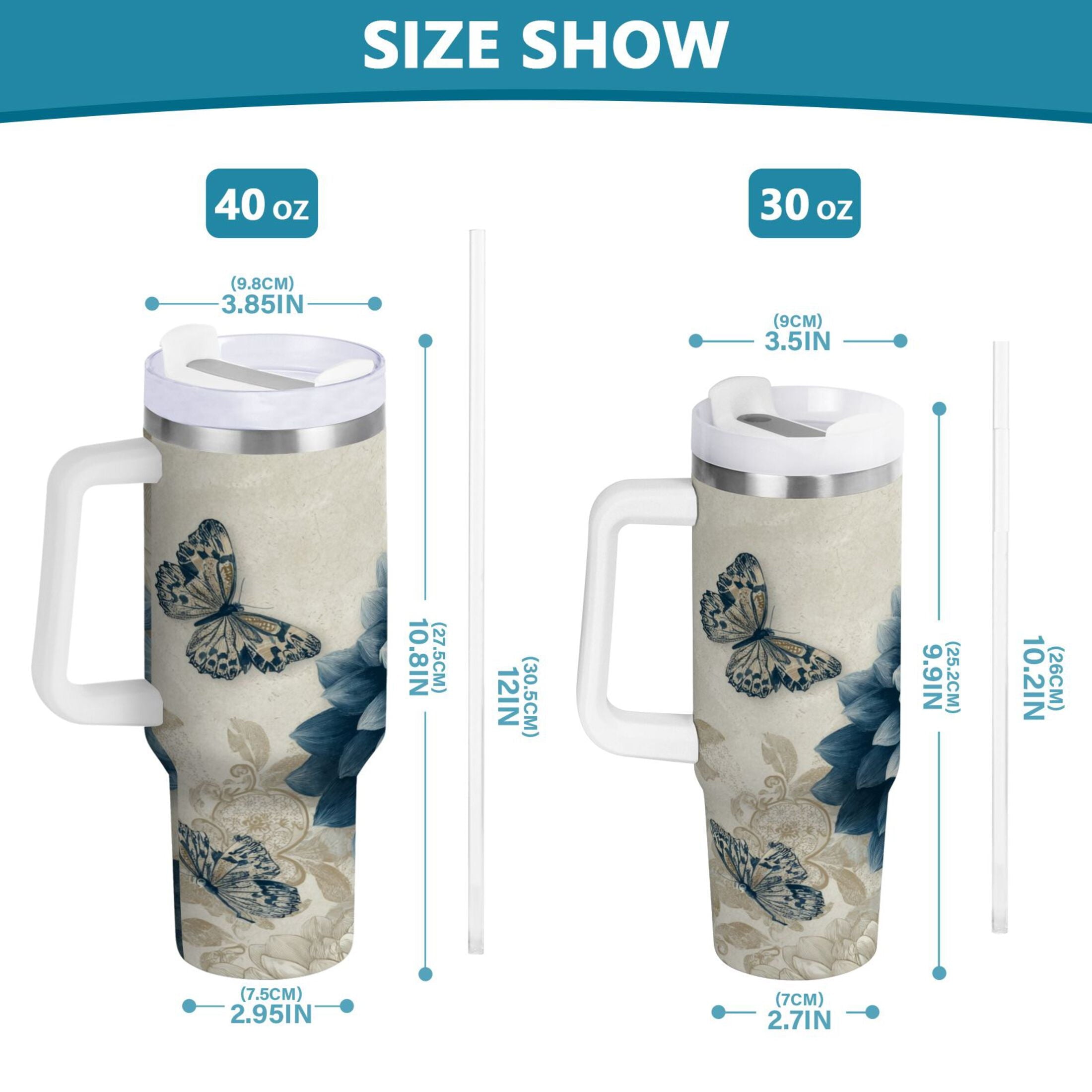 40 oz Insulated Stainless Steel Tumbler Double Wall Stainless Steel Tumbler with 2-Way Drinking Blue Flower with Butterflies | Y1CF