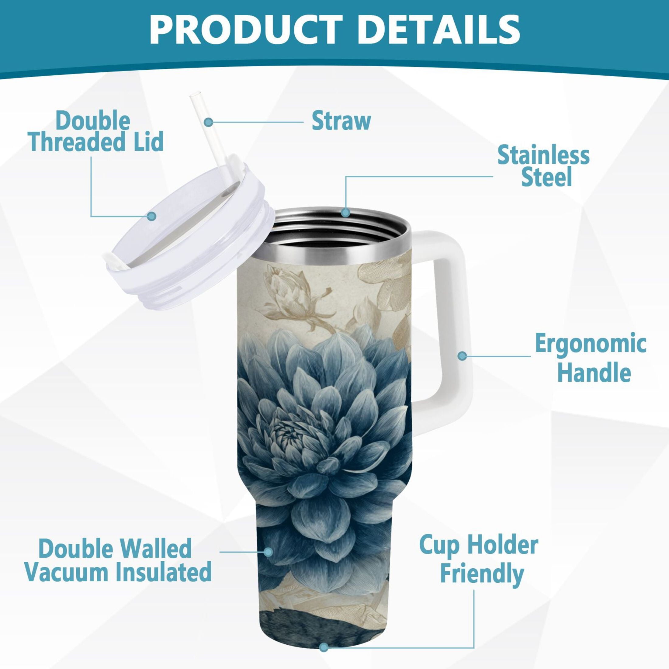 40 oz Insulated Stainless Steel Tumbler Double Wall Stainless Steel Tumbler with 2-Way Drinking Blue Flower with Butterflies | Y1CF