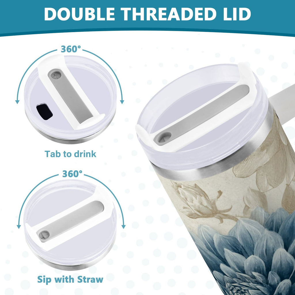 40 oz Insulated Stainless Steel Tumbler Double Wall Stainless Steel Tumbler with 2-Way Drinking Blue Flower with Butterflies | Y1CF
