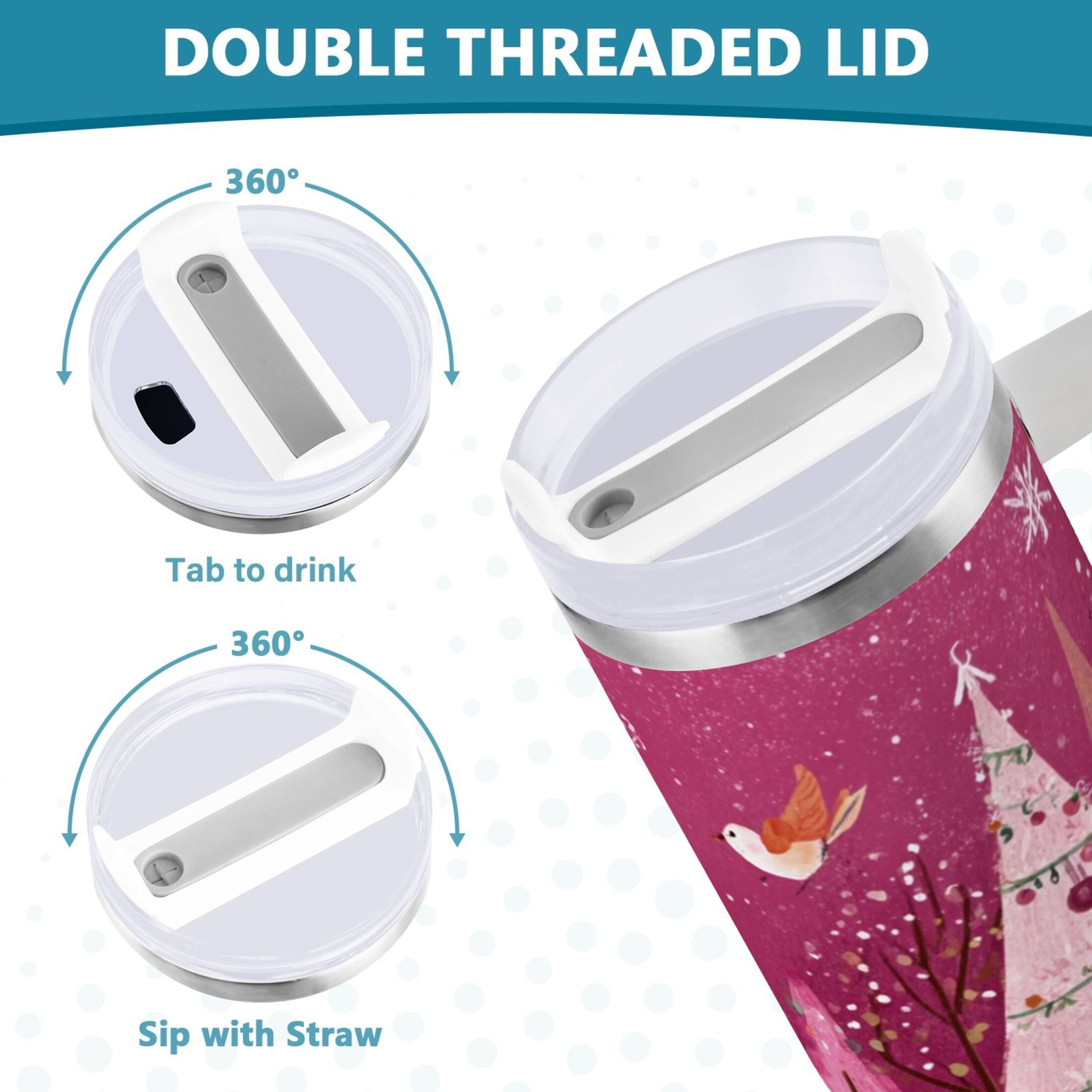 40 oz Insulated Stainless Steel Tumbler Double Wall Stainless Steel Tumbler with 2-Way Drinking Pink Christmas Forest | DA9J