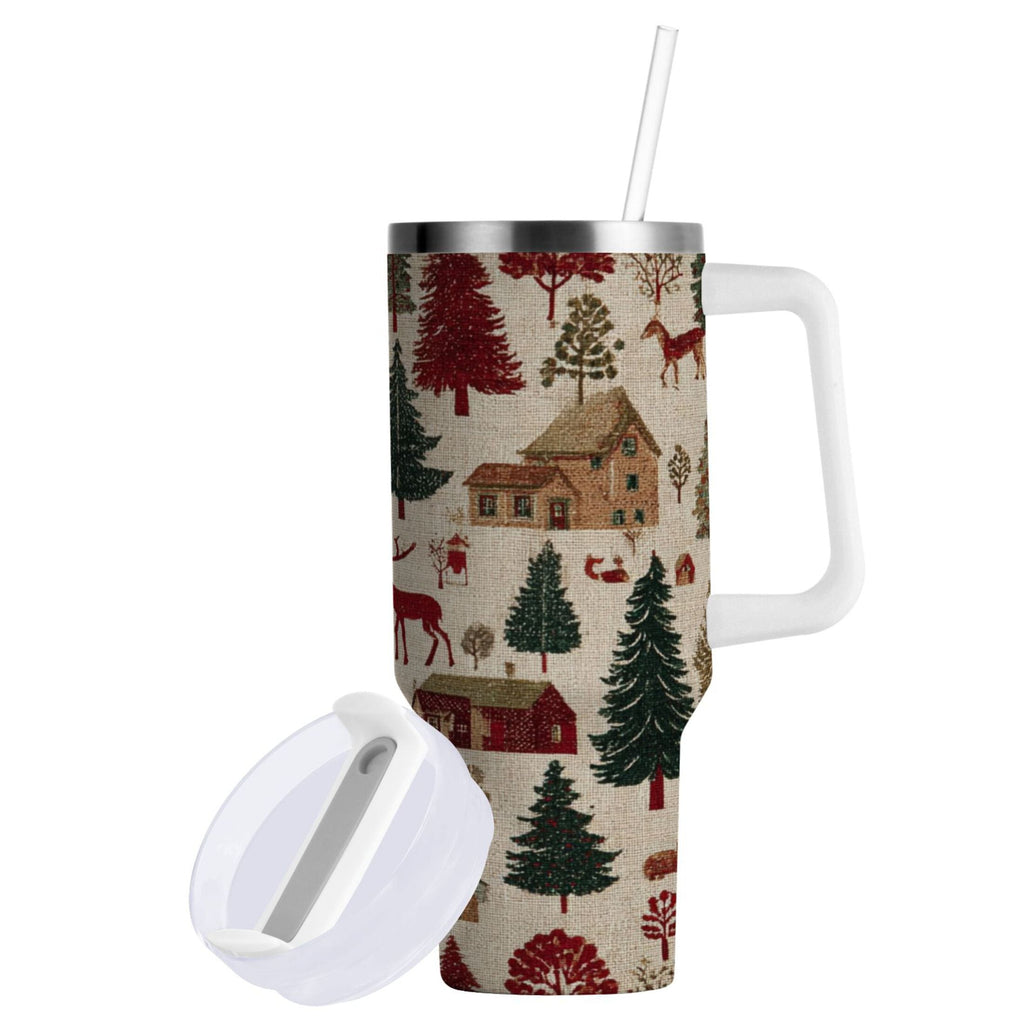 30 oz Insulated Stainless Steel Tumbler Double Wall Stainless Steel Tumbler with 2-Way Drinking Christmas Trees Deer and Houses | DHGE