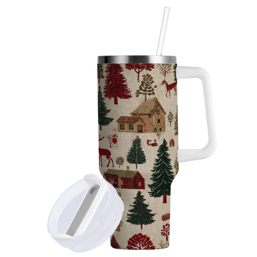 30 oz Insulated Stainless Steel Tumbler Double Wall Stainless Steel Tumbler with 2-Way Drinking Christmas Trees Deer and Houses | DHGE