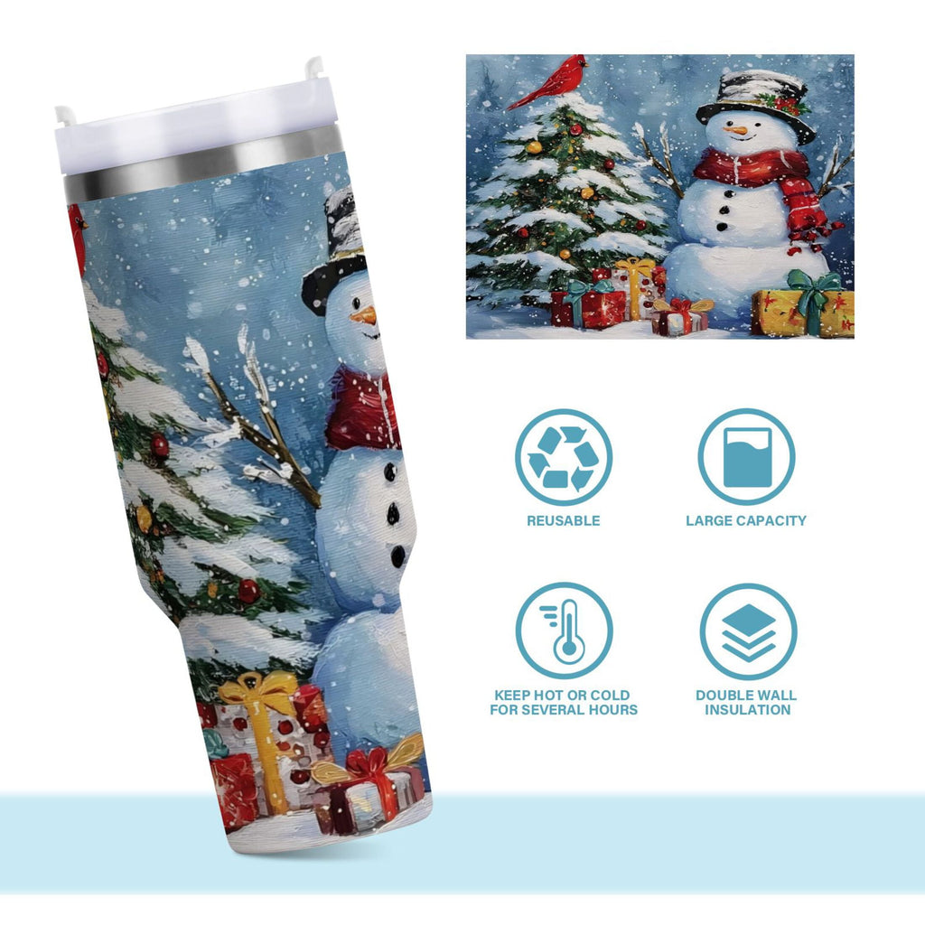 30 oz Insulated Stainless Steel Tumbler Double Wall Stainless Steel Tumbler with 2-Way Drinking Christmas Scene with Snowman | S6Z8